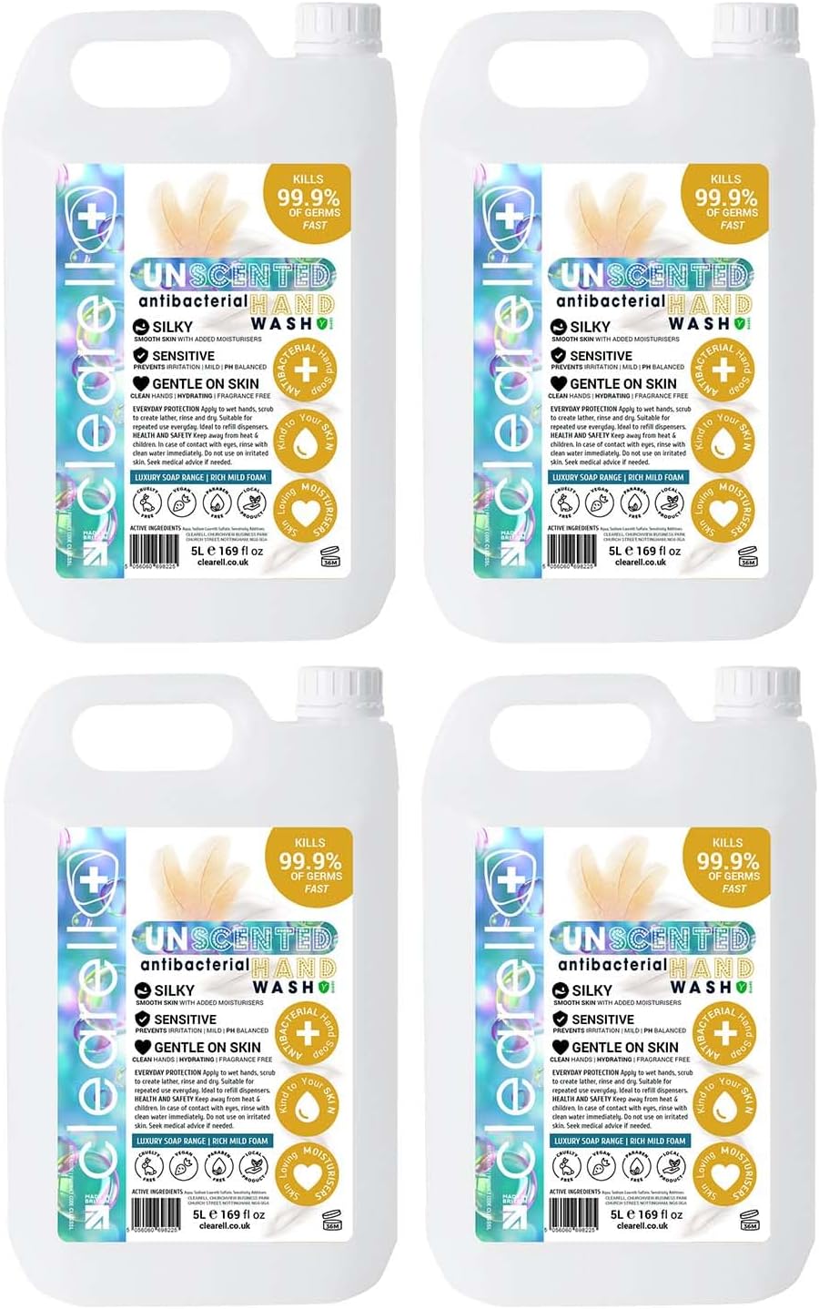 20L Hand Soap | UNSCENTED | Pack of 4 x 5L | Luxury Antibacterial Hydrating Skin & Body Wash Refill for Soft and Sensitive Skin Care - 100% Vegan & Cruelty Free