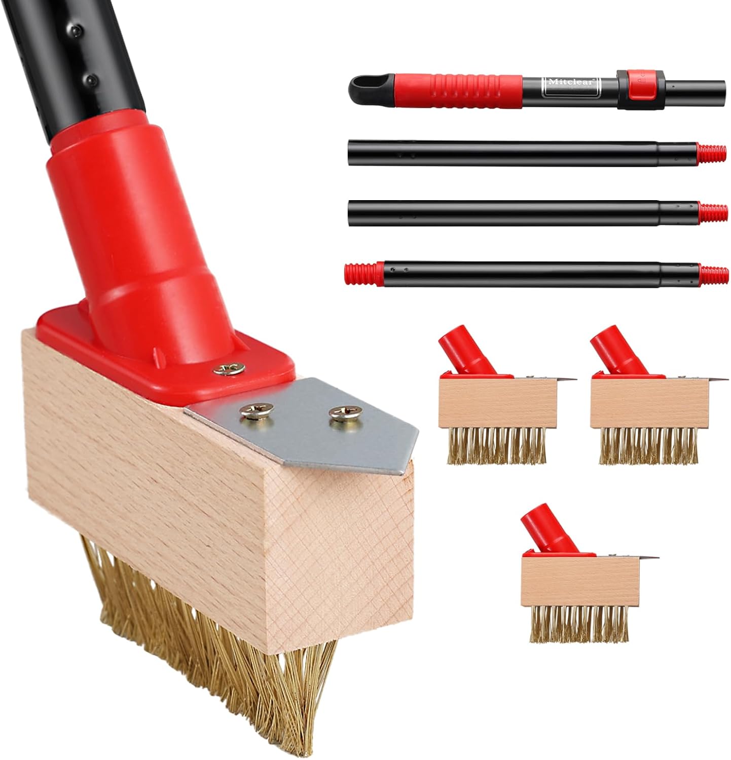 Mitclear Weed Remove Brush with Long Handle(53IN), Weed Remover Tool with V-shaped Wire Brush & Blade Scraper, Remove Weed & Moss from Block Paving Garden Path Patio Driveway (3 Brush Heads)