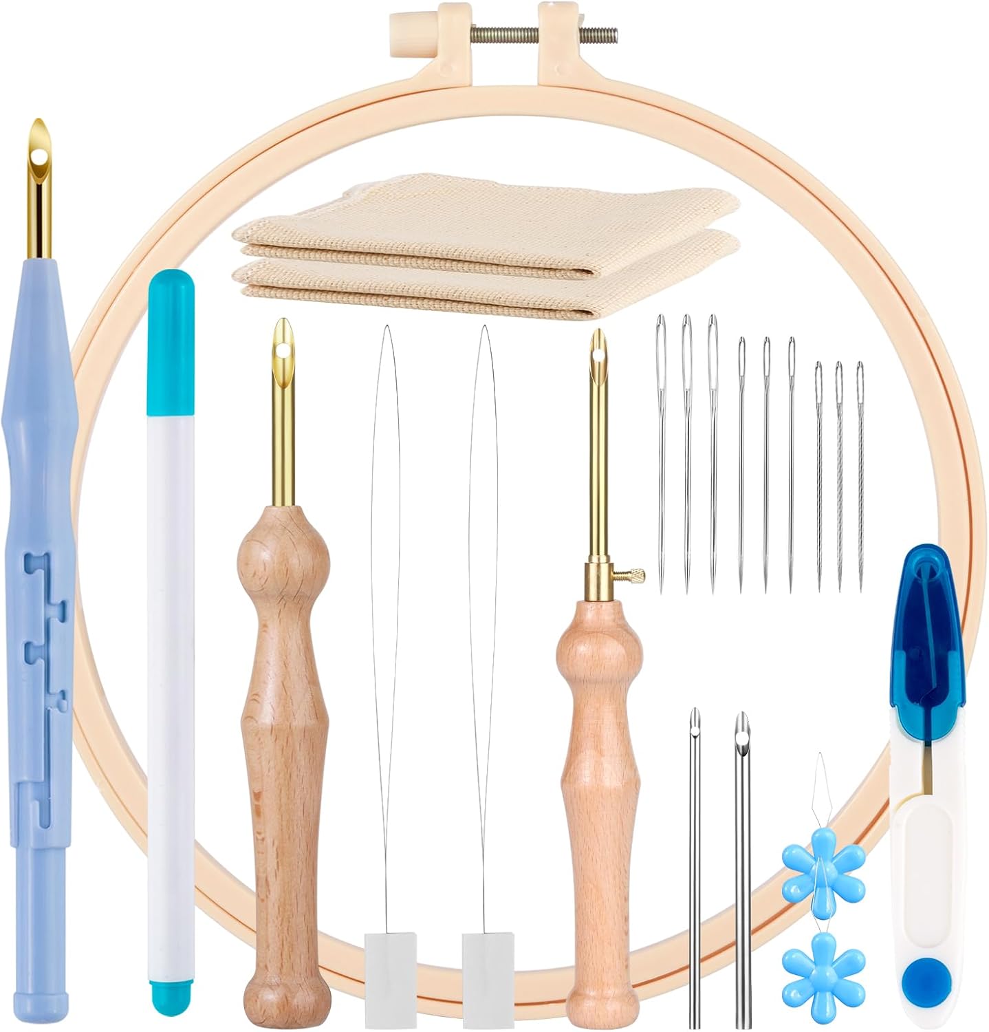 MSDADA 21-Piece Punch Needle Set, Adjustable Tool, Wooden Handle Embroidery Pens, Hoops, Cloth, Perfect for Adult Beginners & Gifts (Blue)