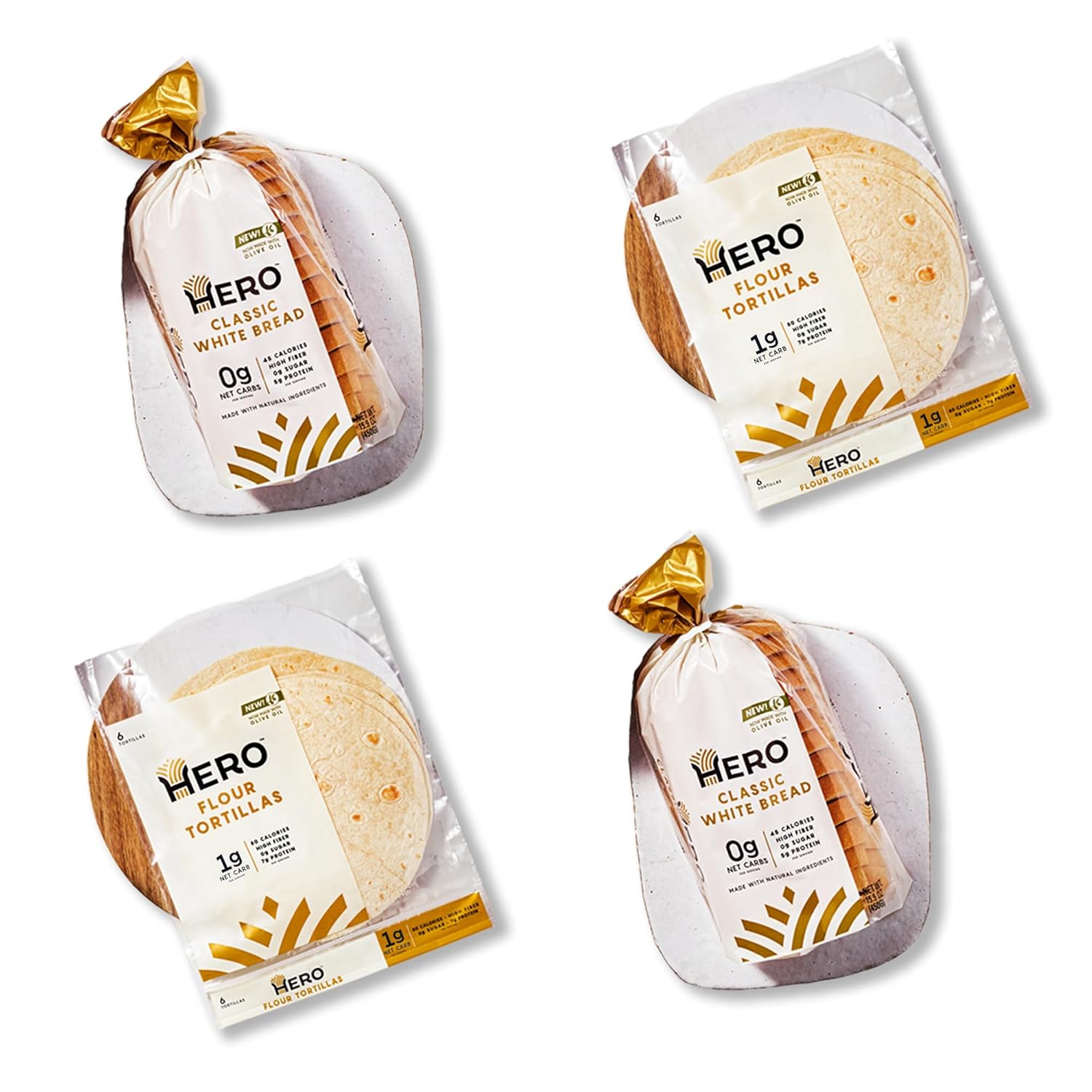 Hero Favorites Bundle — 0g Net Carb White Bread, 1g Net Carb Flour Tortilla | 0g Sugar, High Fiber & <100 Calories per serving | Net Low Carb & Keto-Friendly