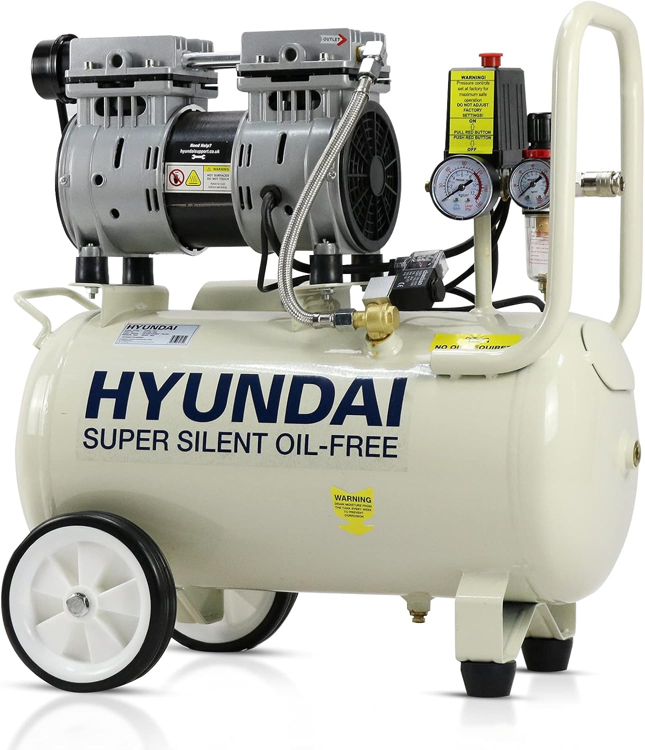 Hyundai HY7524 24 Litre Air Compressor, 5.2cfm/100psi, Silenced, Oil Free, 750w / 230v Direct Drive, 150 litres Per Minute Low Noise Air Compressor, 2 Year Warranty, White