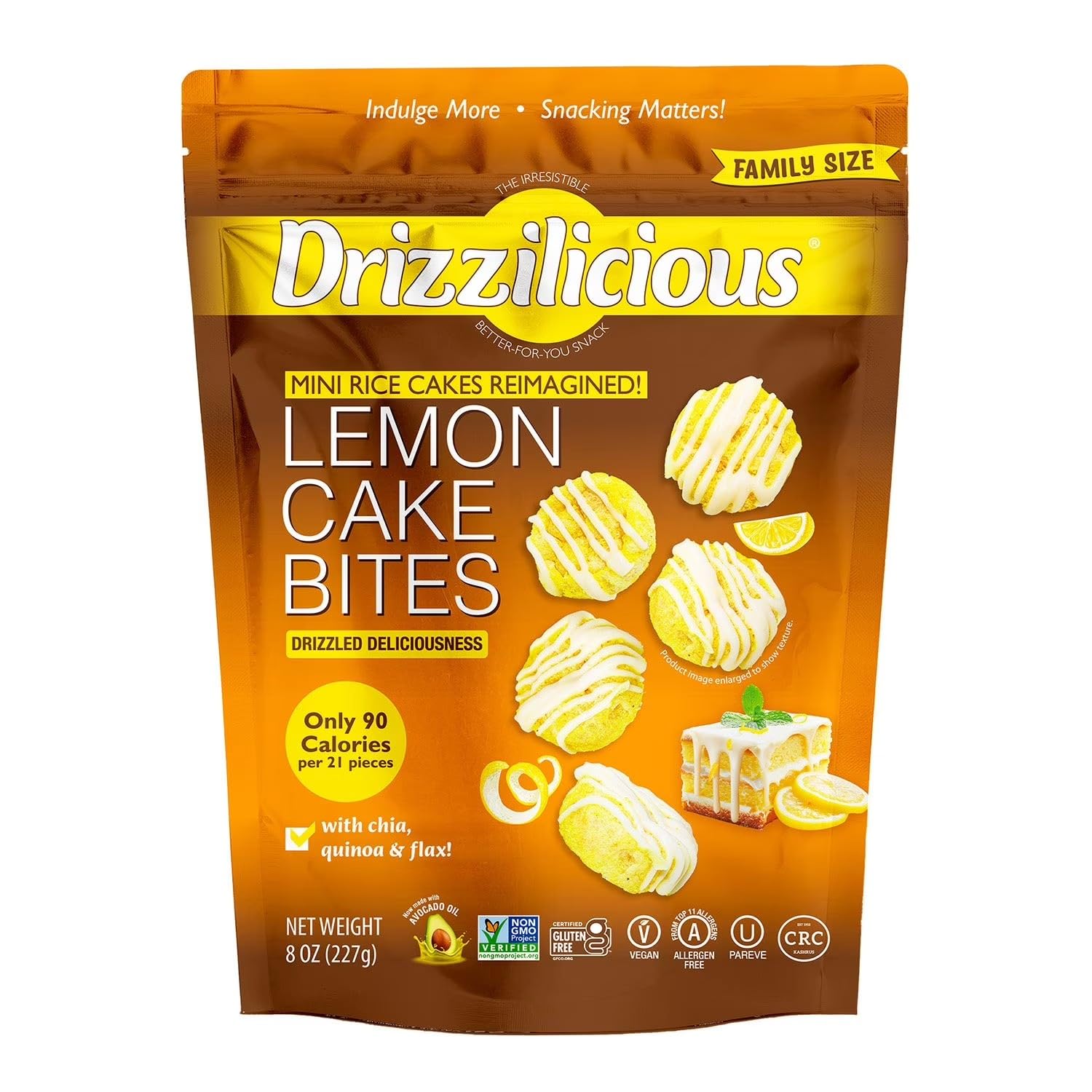 Drizzilicious Lemon Cake Bites, Mini Rice Cakes, Vegan,Gluten Free, NON GMO, Clean Snack 8 oz Bag (1)
