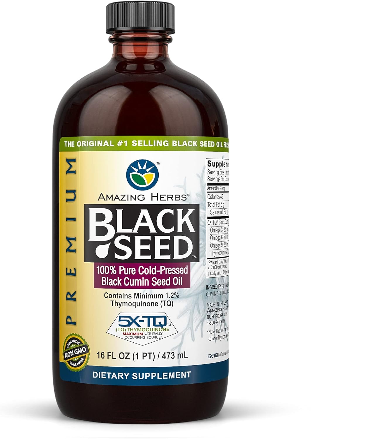 Amazing Herbs Premium Black Seed Oil - Cold Pressed Nigella Sativa Aids in Digestive Health, Immune Support, Brain Function, Gluten Free, Non GMO - 16 Fl Oz