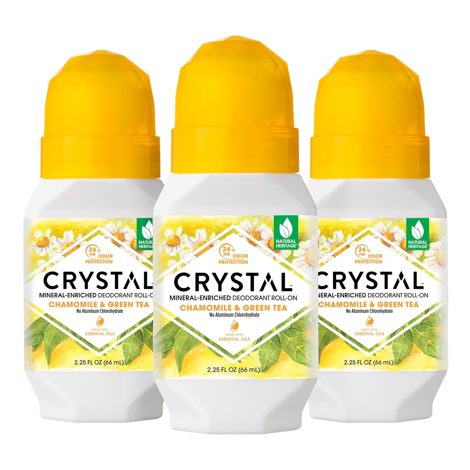 Crystal Deodorant Essence Roll-On 2.25oz Chamomile/Green Tea (3 Pack)