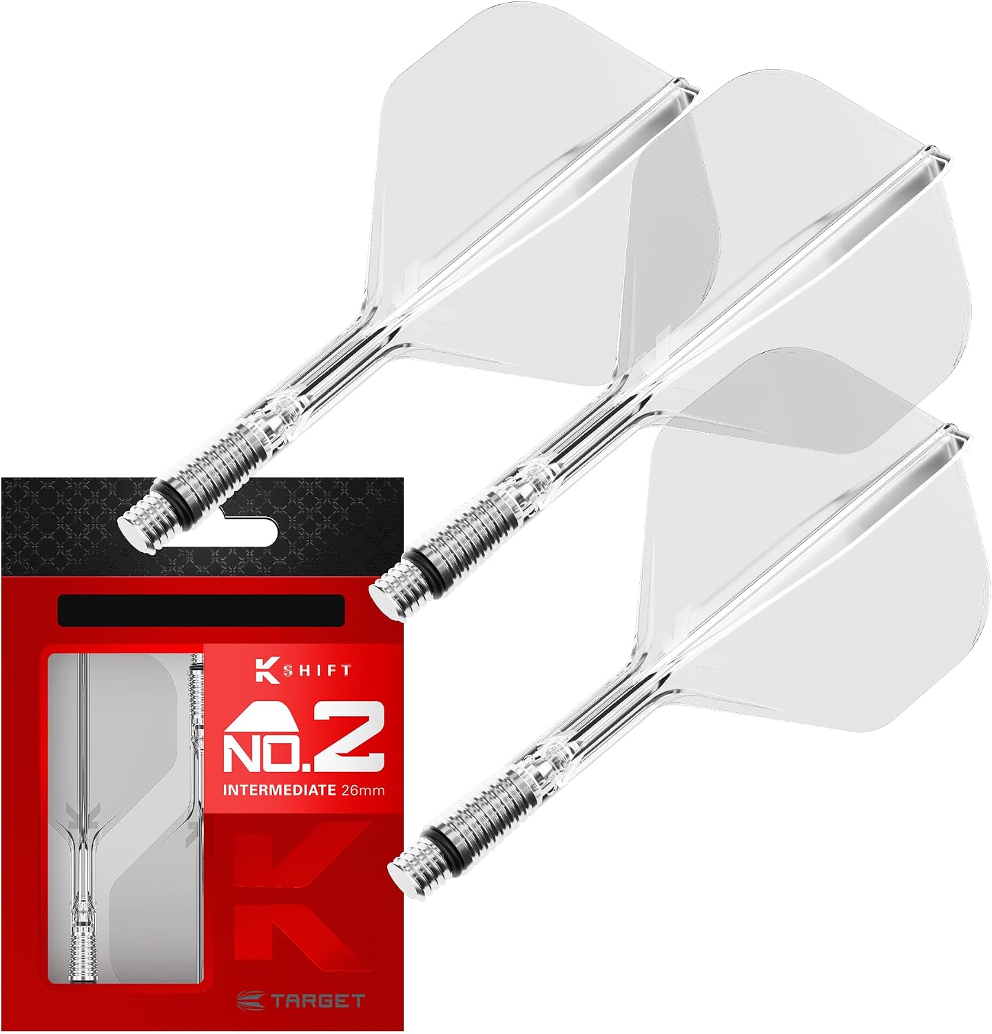 Target Darts K-Shift No.2 Integrated Flights & Shafts | K Shift No.2 Flight & Shaft System, White/Clear/Black – K-Flex Short/Intermediate/Medium Shift Spin Base, Professional Dart Accessories
