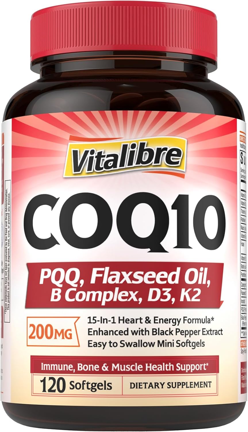 CoQ10 200mg, Ubiquinone with PQQ, Folate, Niacin, K2, D3, Black Pepper, High Absorption, Powerful Antioxidant, Heart Health, Energy Booster, Immunity, 120 Easy to Swallow Softgels