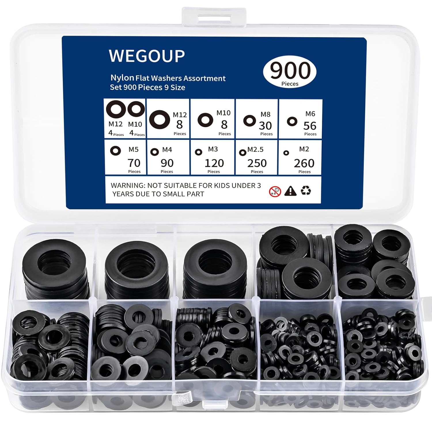 900-Piece Nylon Flat Washer Assortment Kit Black Plastic Flat Washers for Bolts and Screws (M2-M12), Assorted Screw Washers Washer Set for Household & Industrial Use