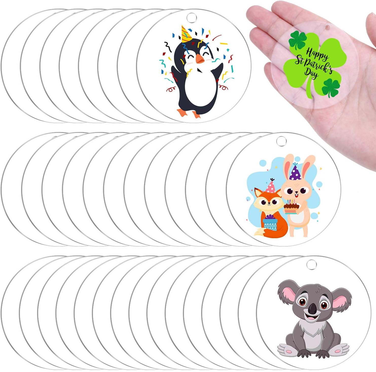 Audab Acrylic Keychain Blanks - 30 Pcs, 2.5 Inch, Clear, Round with Hole for Engraving, DIY Projects, Art Crafts