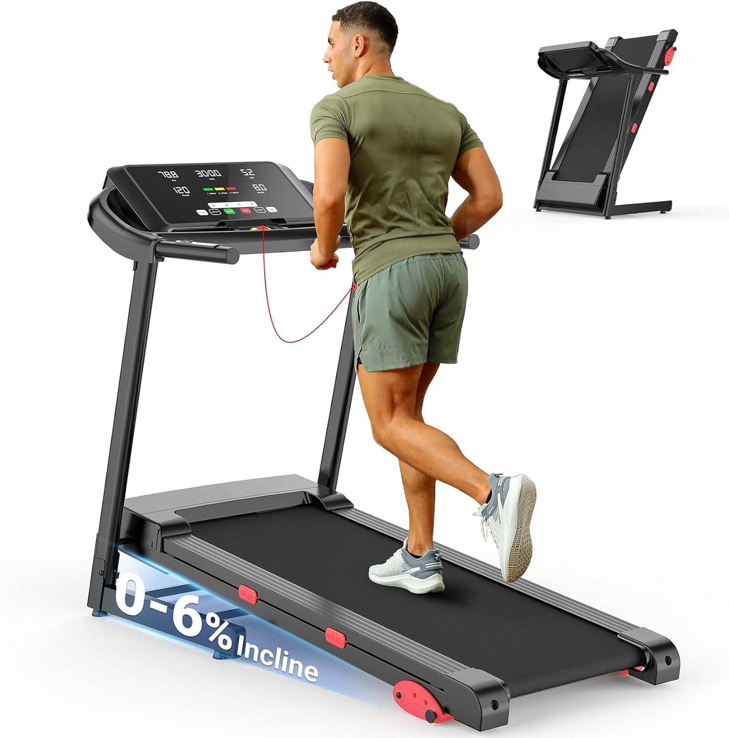 THERUN Folding Treadmill with Incline, 3 Levels Manual Incline Treadmill with 3HP Powerful Motor & 300 LBS Weight Capacity, 42 x 110cm Widen Running Belt & 15 Programs, 0.8-14KM/H