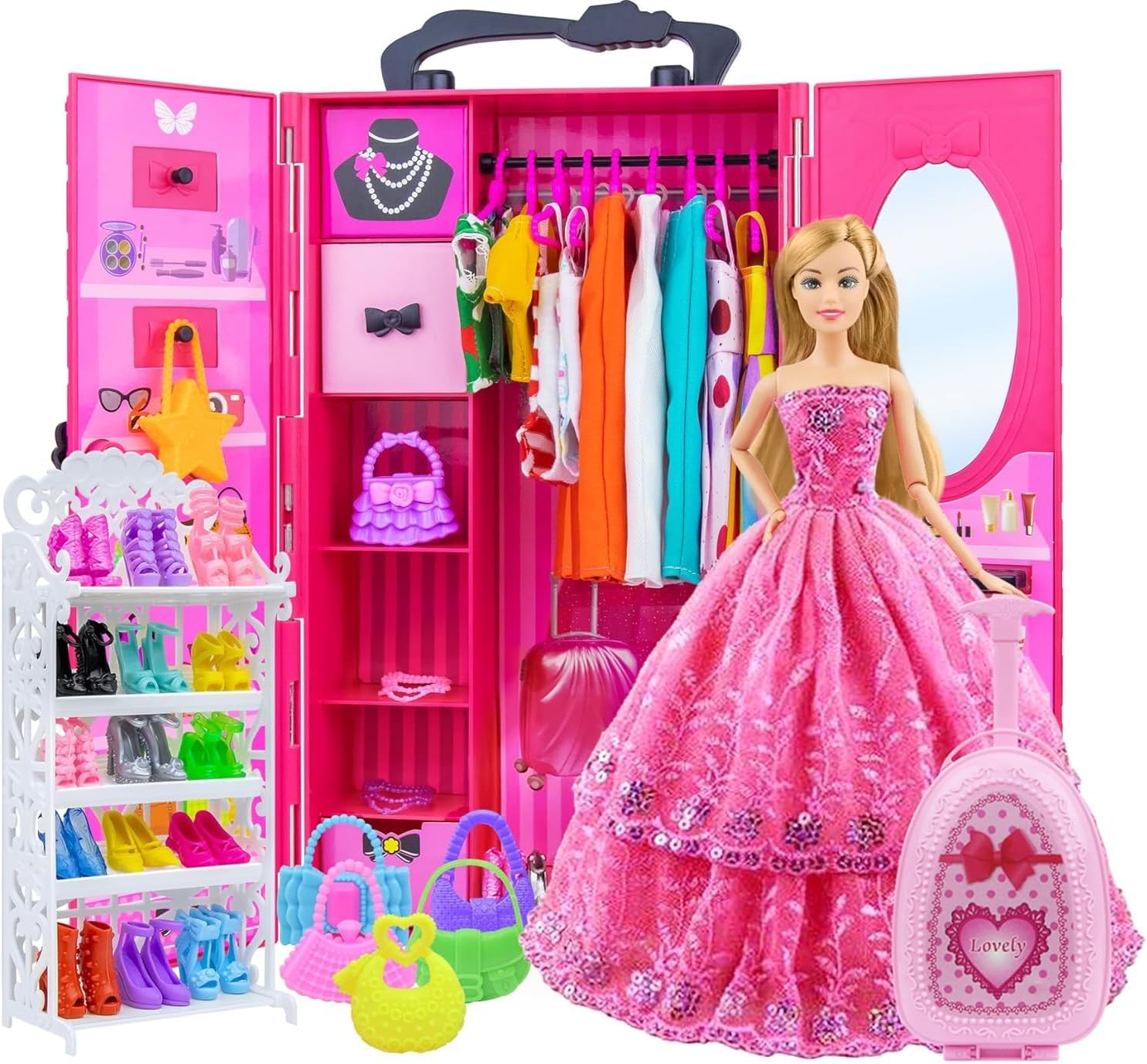 Ecore Fun Fashion Doll Closet Wardrobe for Doll Clothes and Accessories Storage - Lot 102 Items Include Clothes, Dresses, Shoes, Bags, Necklace, Shoes Rack, Hangers for 11.5 Inch Girl Doll Clothes
