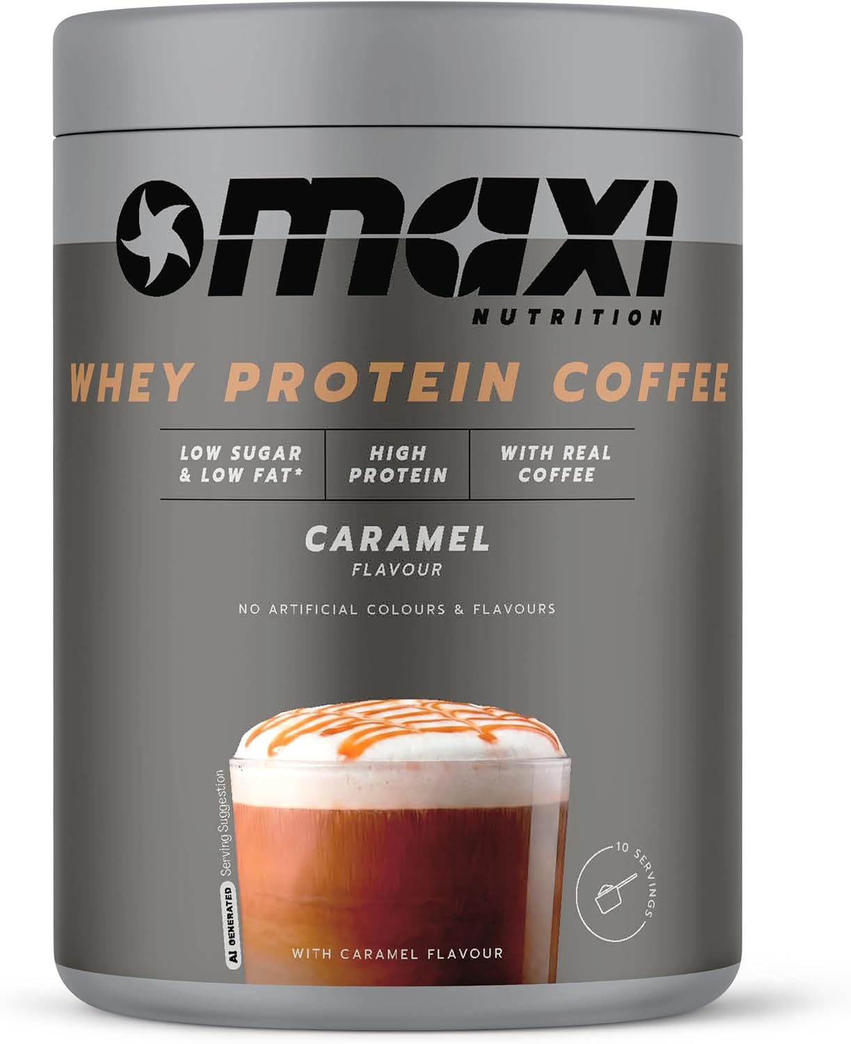 MaxiNutrition MaxPresso Caramel, Protein Coffee, Whey Protein Powder, 21 g Protein per Serving, Sugar-Free & Low-Fat, Mix Warm or Cold