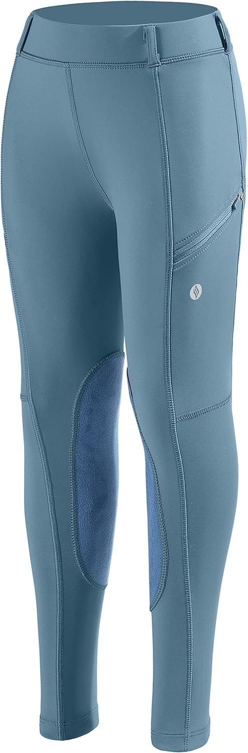 SANTINY Girls Horse Riding Pants with Zipper Pockets Kids Stretchy Equestrian Breeches Knee-Patch Youth Schooling Tights