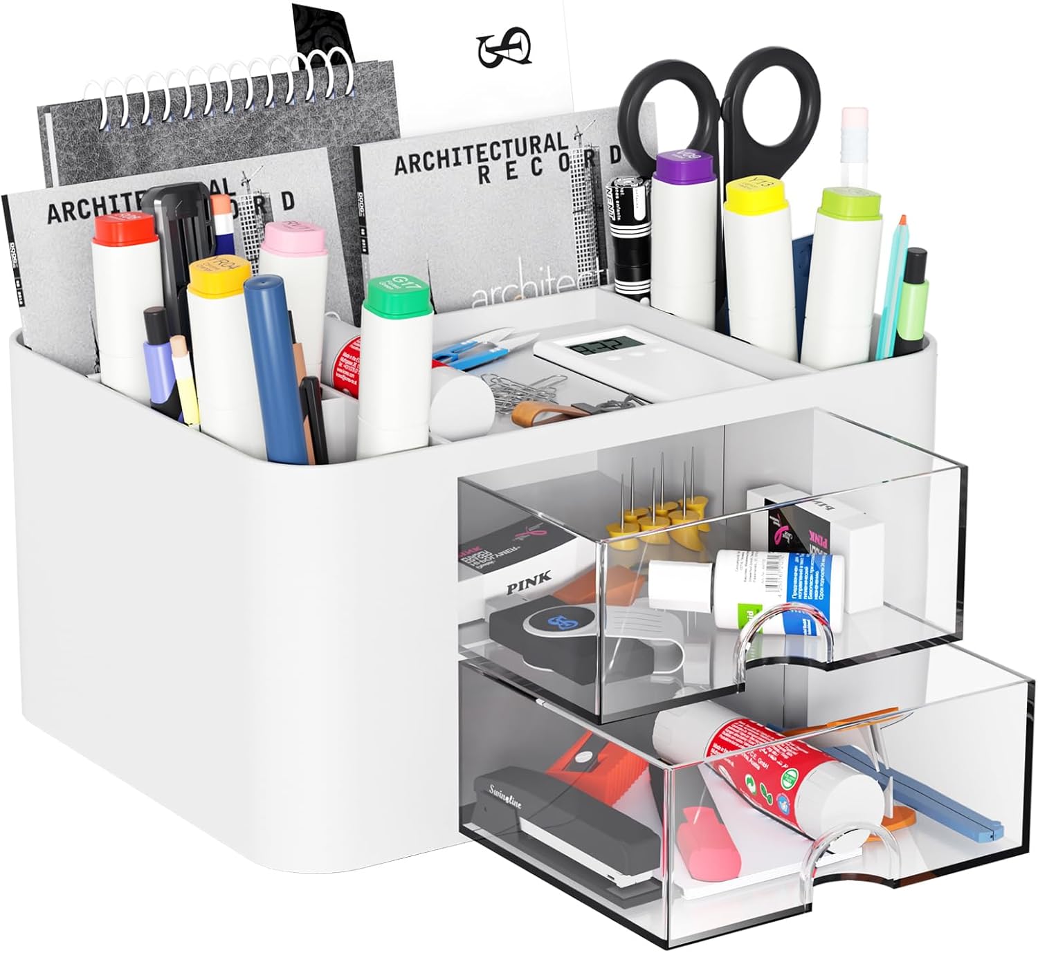 Senders Desk Organiser with 2 Drawers Desk Tidy Organiser with Pen Holder Desktop Stationary Organiser for School Office Home Makeup Desk Supplies Practical and Stylish Storage Solution