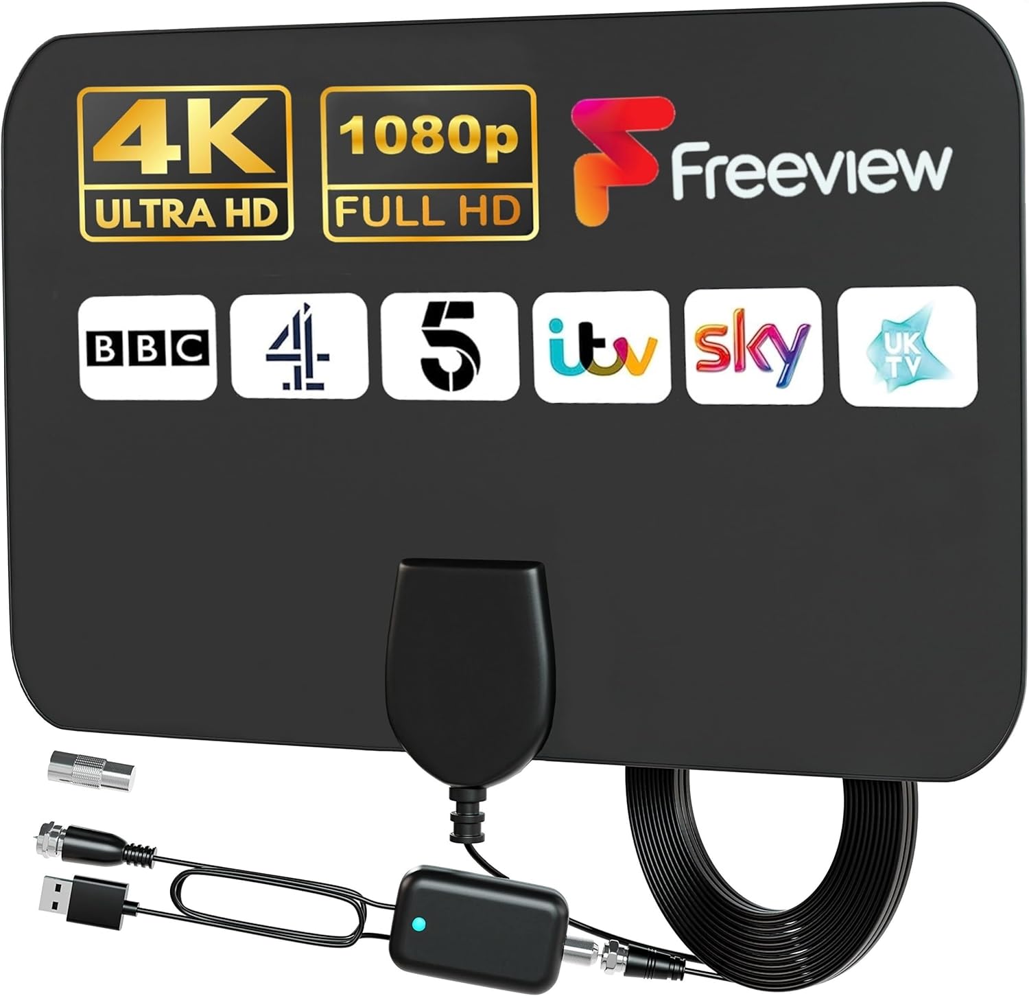 GLOBAL TECH TV Aerial Indoor – Digital Indoor TV Aerial 250+ Miles Long Range Amplified HD TV Antenna with Signal Booster for Freeview – TV Ariels Indoor with 13 ft Long Cable
