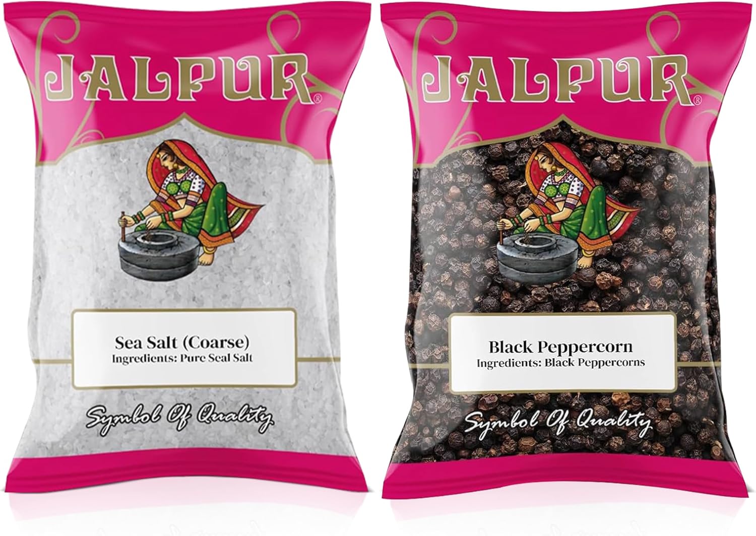 JALPUR MILLERS Spice Combo Pack - Coarse Sea Salt 200g and Whole Black Peppercorns 100g - Premium Quality Seasoning Set for Cooking, Grilling, Marinades & Everyday Use - Natural Ingredients (2 Pack)