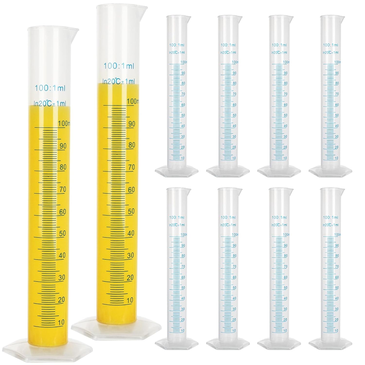 10Pack 100ml Plastic Graduated Cylinder, Transparent Measuring Cylinder Lab Test Tube Flask, 2 Sided Measuring Lines Graduated Cylinder Beaker for Science Lab Project, Pour Spout & Hexagonal Base