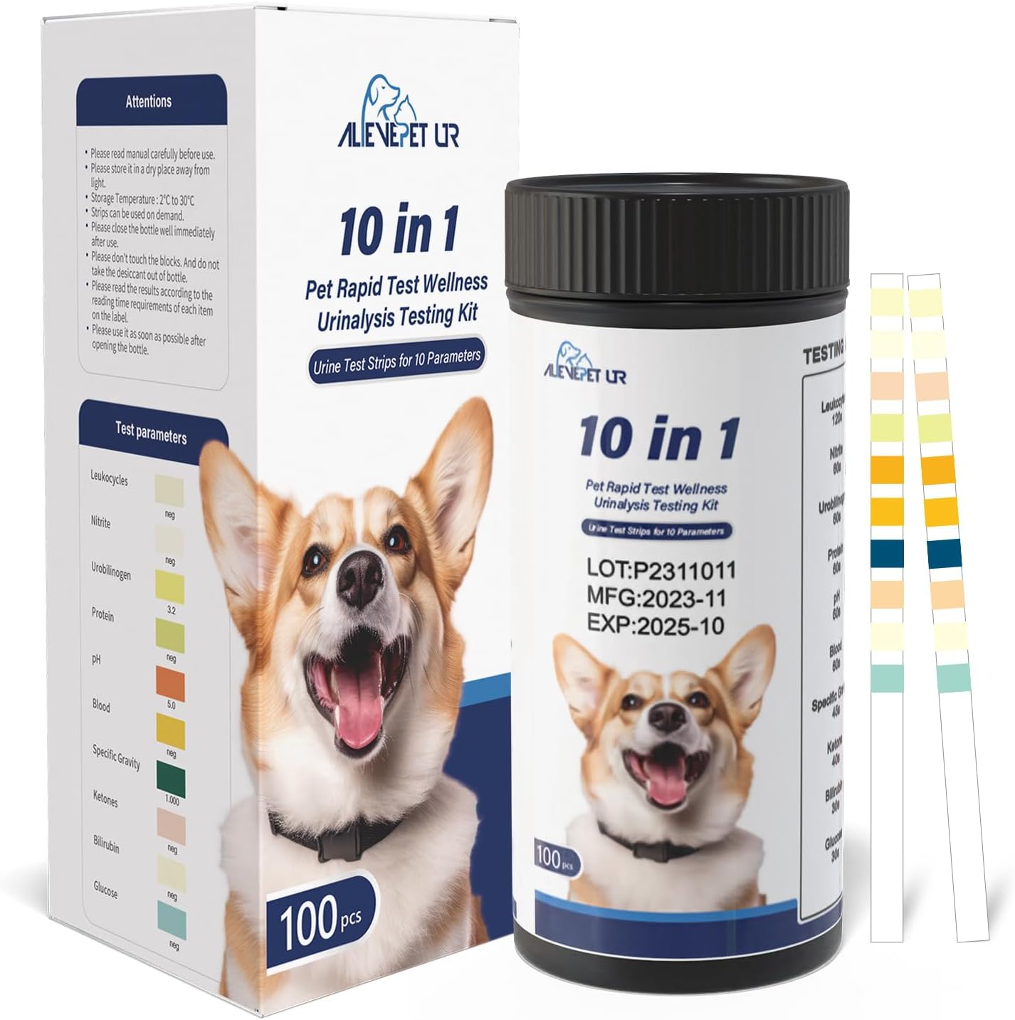 AlievePet 10-Parameter Urine Test Strips for Cat & Dog 10 in 1 UTI Test Kit Pets Rapid Diabetes Urinalysis Testing 100 Counts, 1Pack