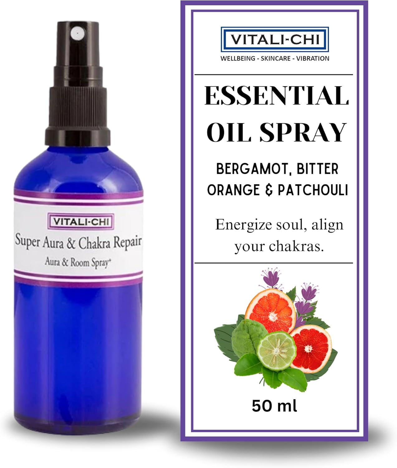 Vitali-Chi Essential Oil Spray with Bergamot, Bitter Orange & Patchouli | for Cleansing & Purifying Aura, Chakra Repair & Meditation Support | Air Freshener Aura & Room Spray - 50 ml