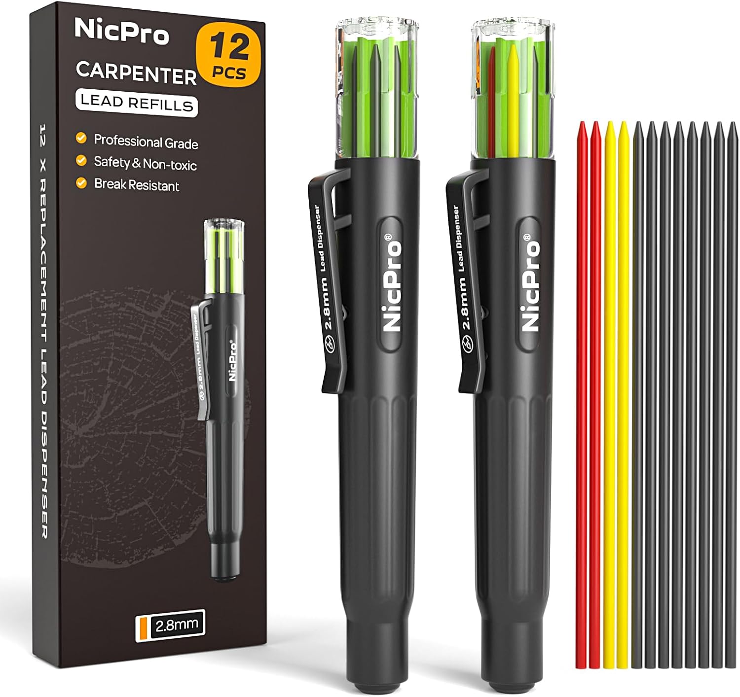 Nicpro 12 Pcs Carpenter Pencil 2.8mm Lead Refills, Replacement Lead Dispenser (including 4x Black, Red, Yellow), Break Resistant 2.8 mm Leads for Construction Pencils, Woodworking Pencils