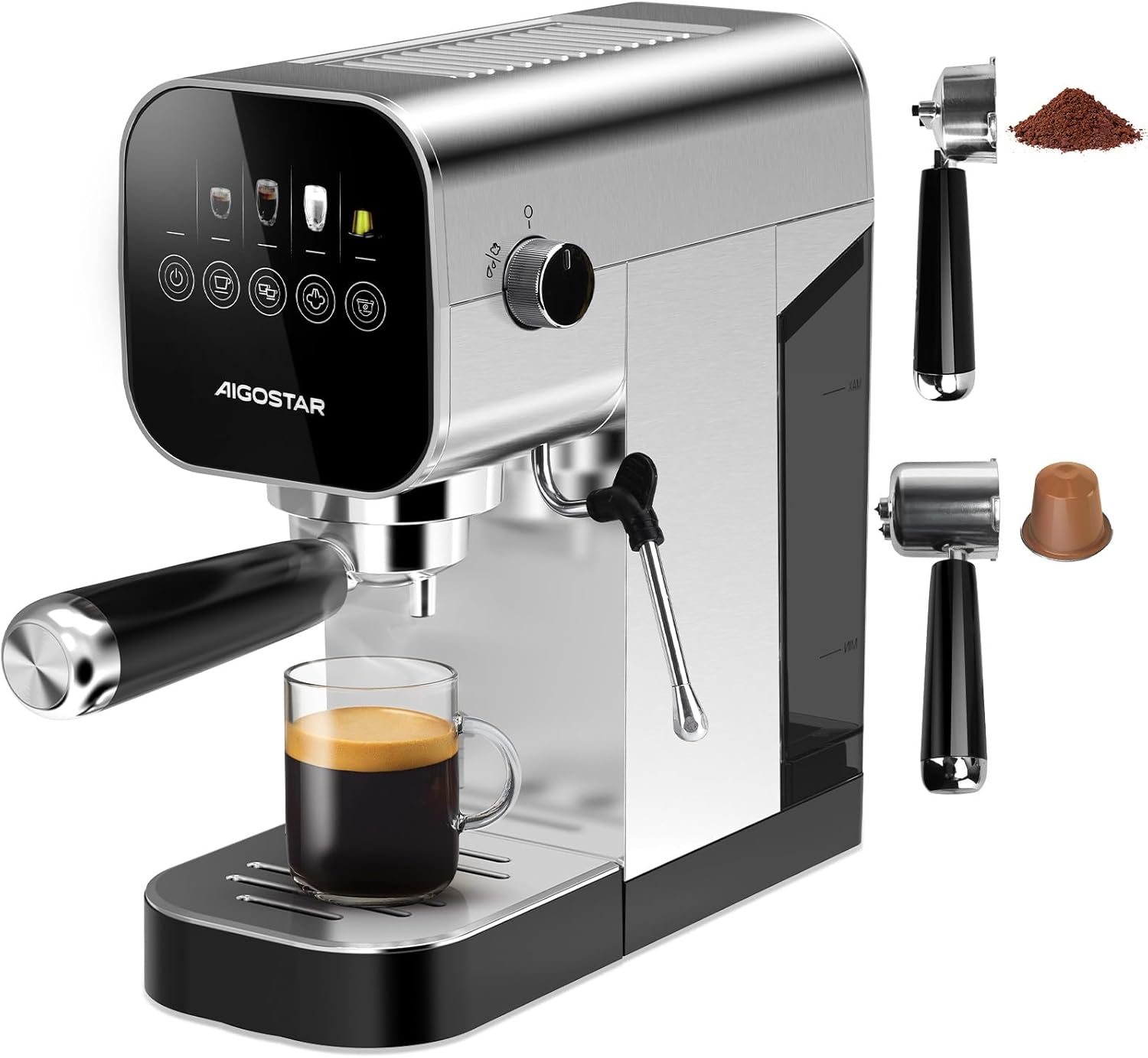 Aigostar 20Bar Espresso Coffee Machine for Capsule & Ground Coffee, Cappuccino & Latte Maker with Milk Frother Wand, Stainless Steel Professional Espresso Maker, Touch Panel, Removable Tank - Barista