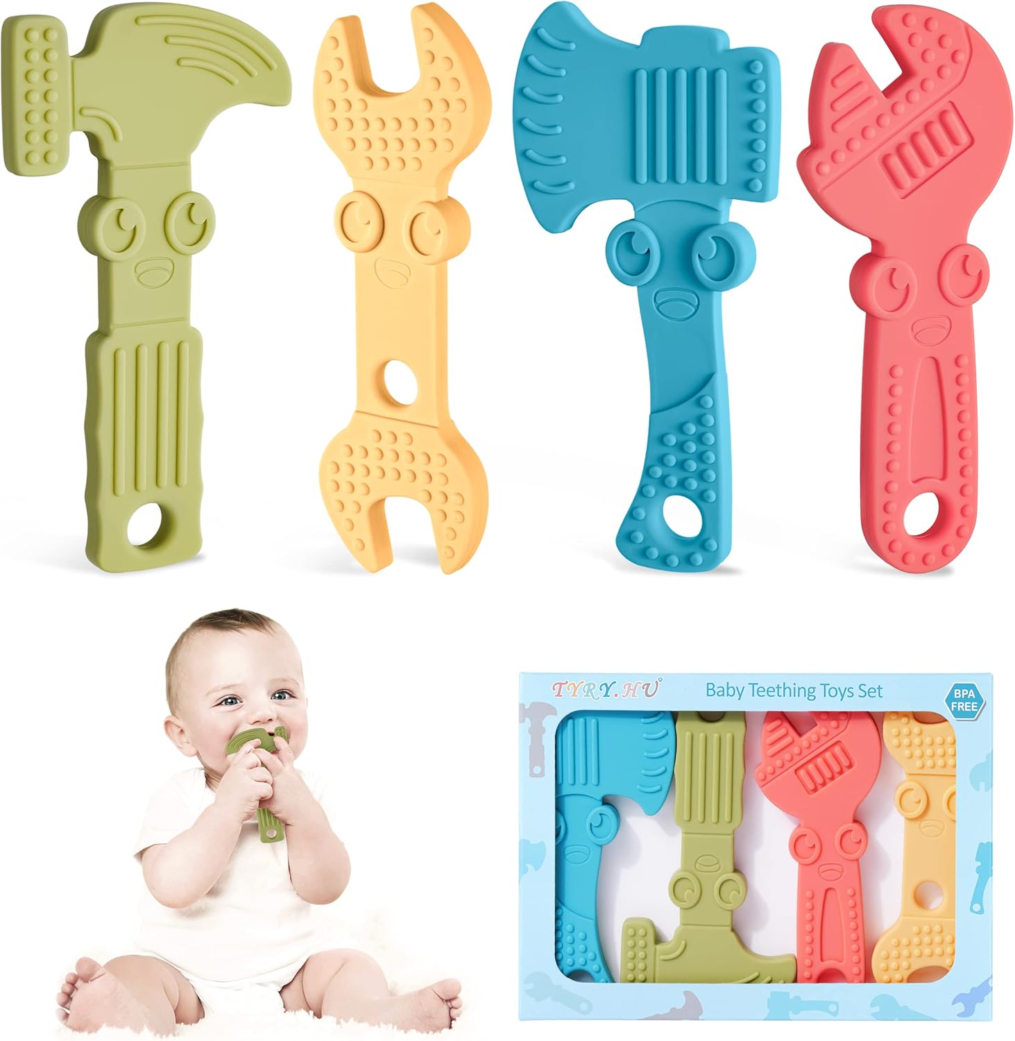 TYRY.HU Teething Toys for Baby Training Baby Toothbrush teether Chew Toy BPA Free Silicone Cooling Tools Shape Baby Teether Relief Gifts for Newborn 4pcs(A)