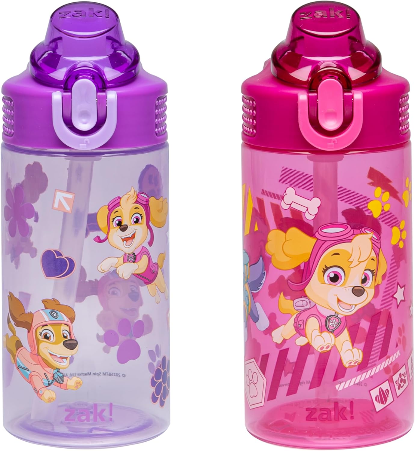 Zak Designs PAW Patrol Sage Kids Water Bottle For School or Travel, 16oz Durable Plastic Water Bottle With Straw, Handle, and Leak-Proof, Pop-Up Spout Cover, 2-Pack Set (Skye & Friends)