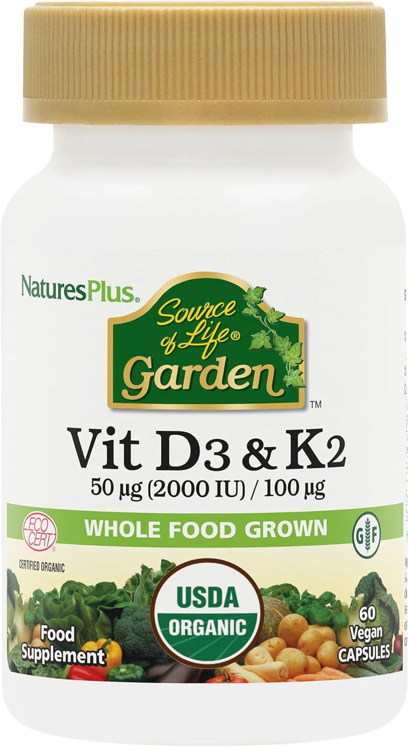 NaturesPlus Source of Life Garden Organic Vitamin D3 2000IU with K2 100mcg - Vegan Vitamin D3 and K2 Supplement - Immune Support, Bone Health - Gluten Free - 60 Capsules