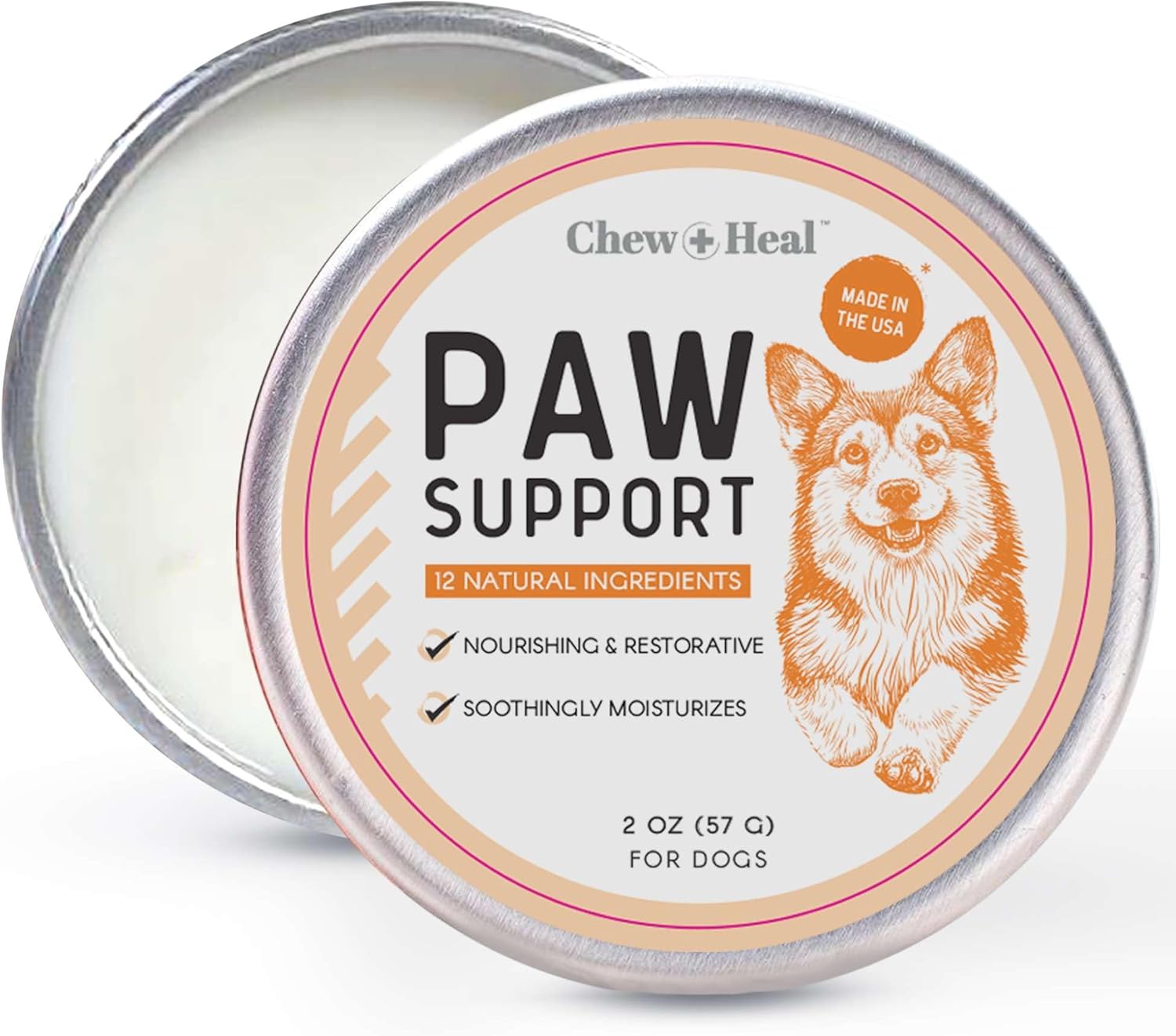 Chew + Heal Labs Dog Paw Balm - Soothing Paw Protector with Shea Butter, Coconut Oil, Jojoba Oil, and Vitamin E - Nourishing Balm for Cracked Paws - Safe for All Breeds