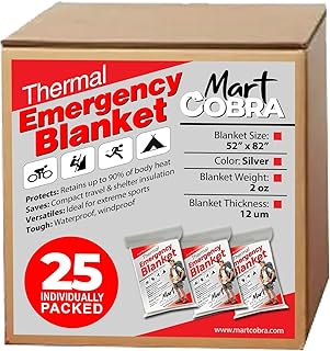 Emergency Blankets for Survival Gear and Equipment x25, Space Blanket, Mylar Blankets, Thermal Blanket, Survival Blanket, Survival Kits Emergency Kit, Emergency Supplies, Foil Blanket Camping Shelter
