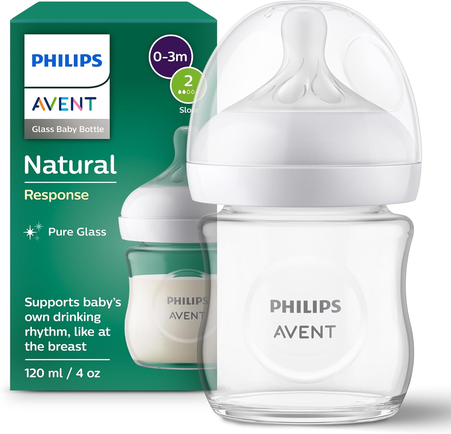 Philips Avent Glass Baby Bottle Natural Response - 120 ml Baby Milk Bottle, BPA Free for New Born Babies Aged 0 Months+ (Model SCY930/01)