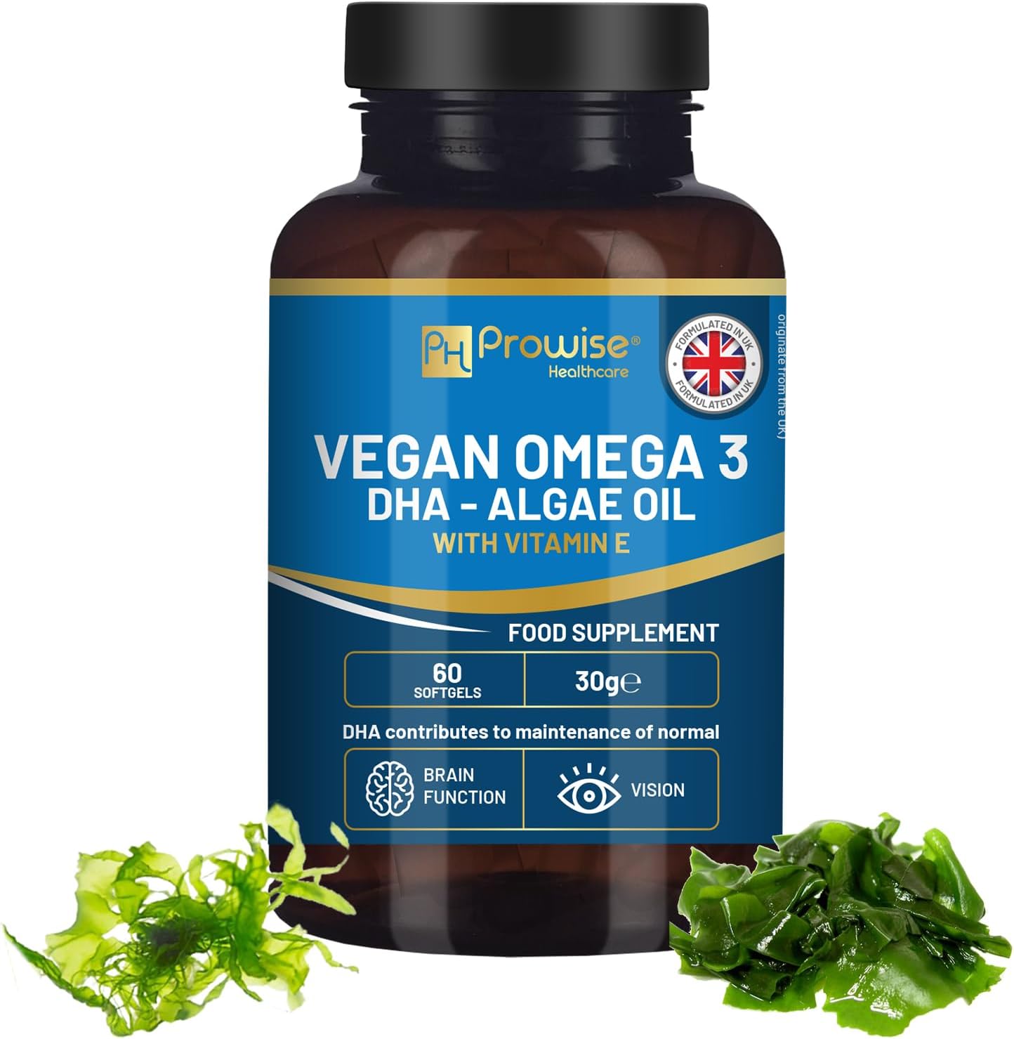 Prowise Vegan Omega-3 DHA from Algae Oil | 60 Softgels with Vitamin E | 400mg DHA + 10mg Vitamin E | 100% Plant-Based | Supports Brain and Eye Health | Pure & Sustainable Sourced