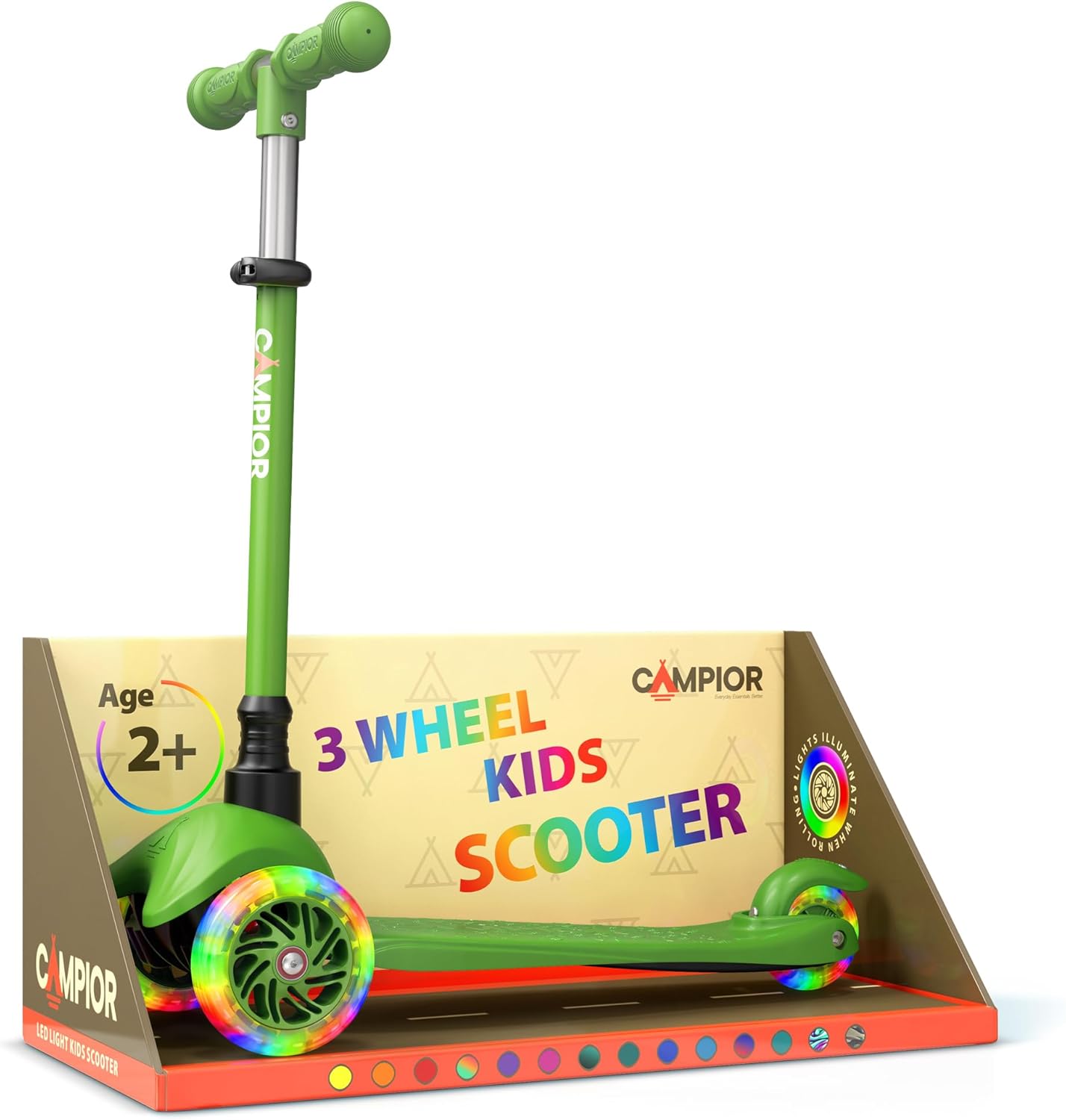 Green Mini 3 Wheel Scooter for Kids – Lean-to-Steer with LED Light-Up Wheels, Adjustable Handlebar, Wide Anti-Slip Deck, Smooth PU Wheels, Rear Foot Brake – Toddler Scooter for Ages 2+