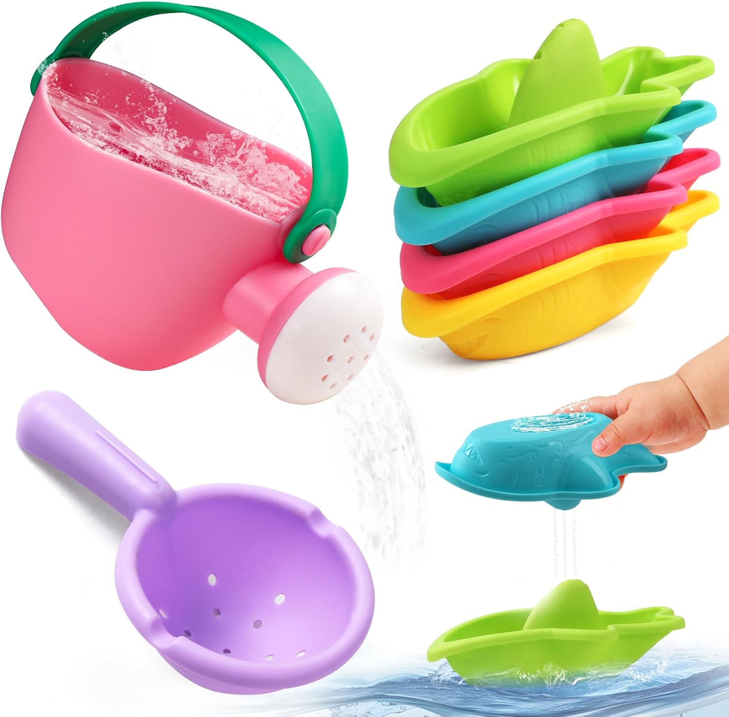 Baby Bath Toys for 1 2 3 Year Olds Mould Free 6PCS Water Play Swimming Pool Toys Toddler Kids Stacking Cups Kids Watering Can Bath Boats Water Toys Bathtub Present for Boys Girls 1 2 3 Year Old Gifts