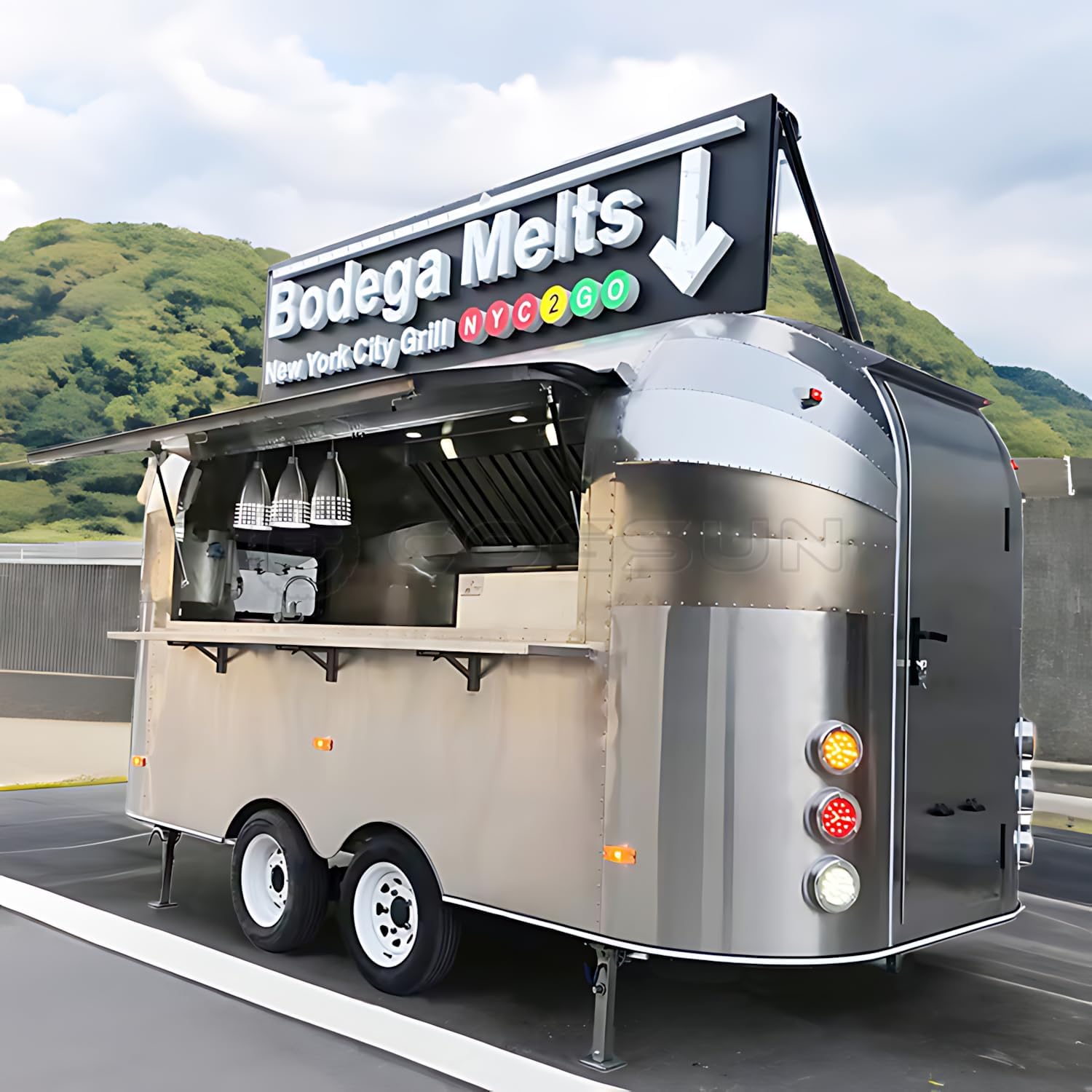 Vintage Mirror Food Trailer Deposit Advance Payment, Polished Aluminum Mobile Kitchen Truck for Luxury Weddings & Corporate Events Food Trailer for Sale