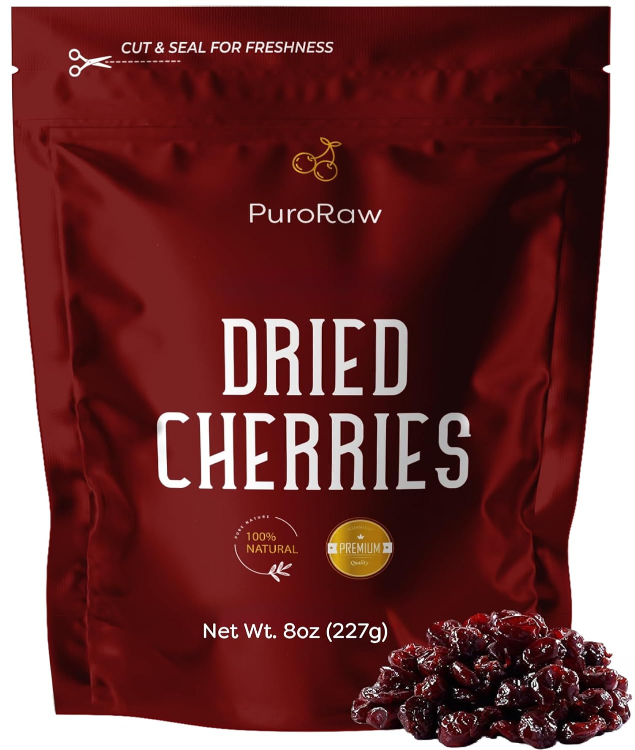 PuroRaw Dried Cherries Unsweetened 8oz, Cherries Fresh, Dried Tart Cherries, Dried Sour Cherries, Montmorency Dried Cherries Bulk, Dried Cherries No Sugar Added, USA Grown 8oz