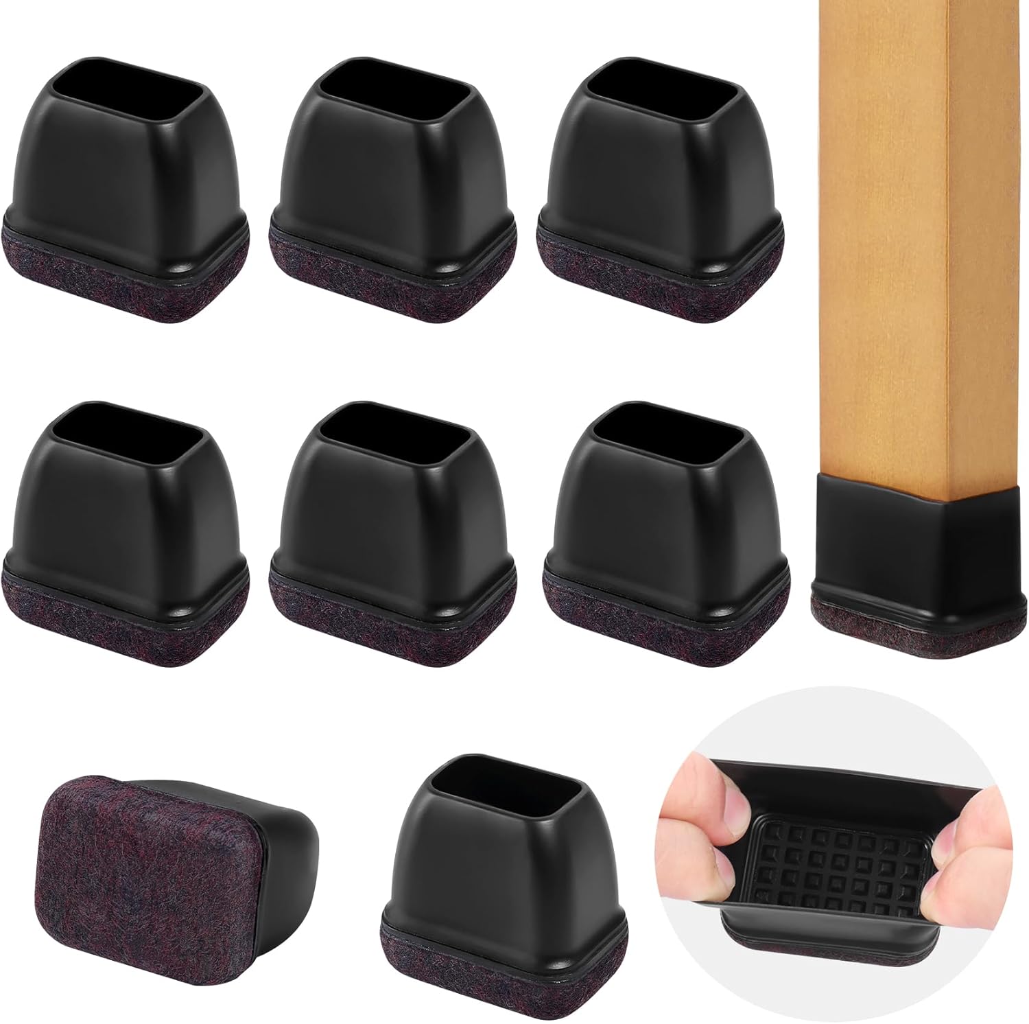 Small Rectangle Silicone Chair Leg Caps with Felt Pads, 8PCS Rectangular Chair Leg Floor Protectors for Hardwood Floors, Chair Leg Covers to Protect Floors(Black,Fit Length 0.9"-1.3" Width 0.6"-0.9")