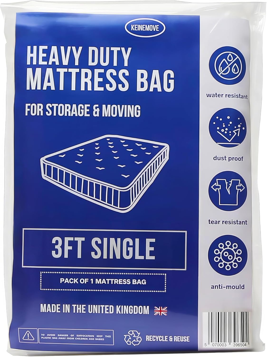 Single Size Mattress Bag - Moving and Storage – 3ft - 1 Pack - Heavy Duty - Mattress Cover for Moving - Plastic Mattress Cover - Storage Bag - Water Resistant, Dust Proof, Tear Resistant, Anti-Mould