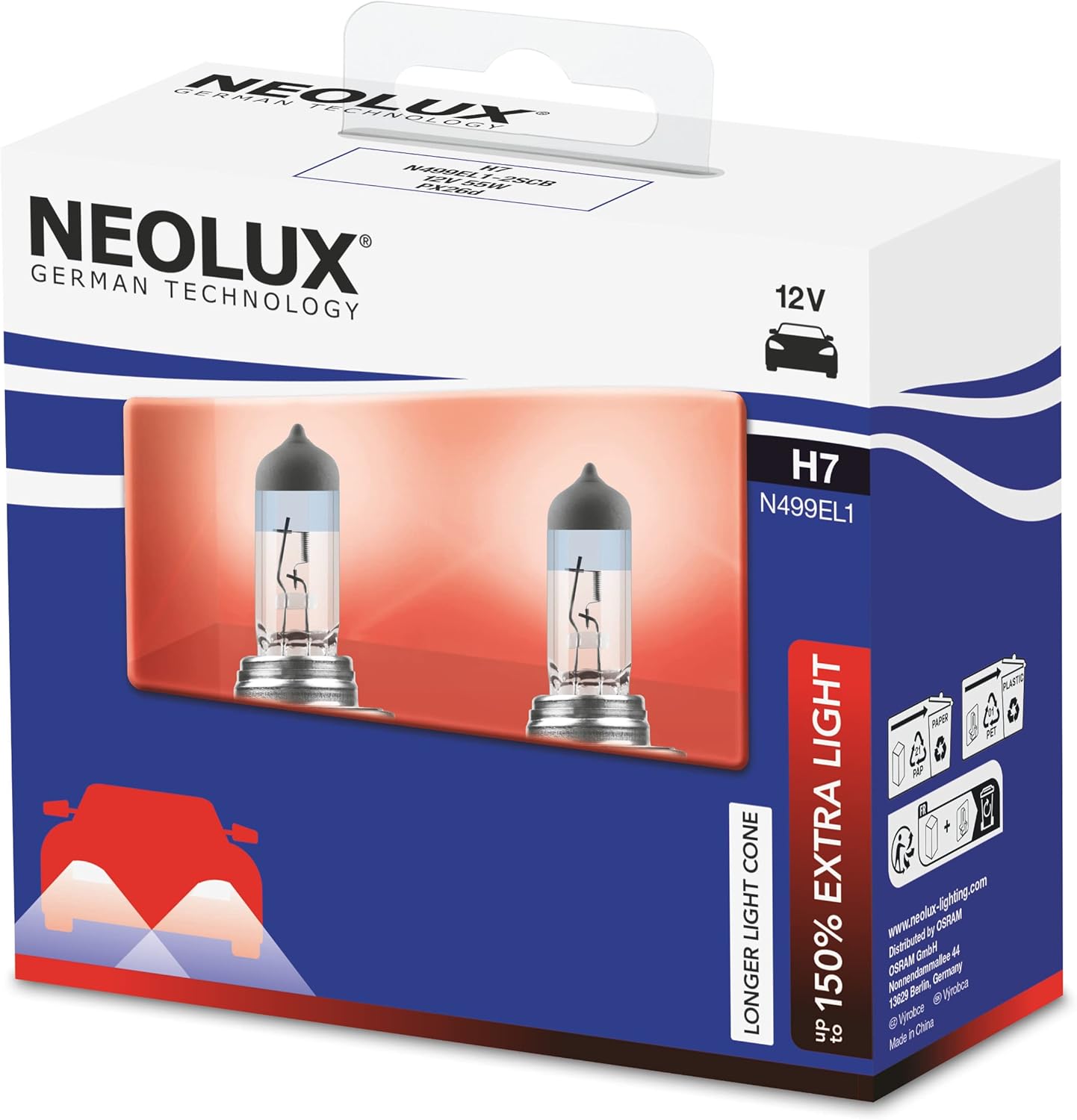 OSRAM NEOLUX 150% Extra Light H7, halogen headlights, N499EL1-2SCB, 12 V, 60/55 W, softcover box (2 lamps), white