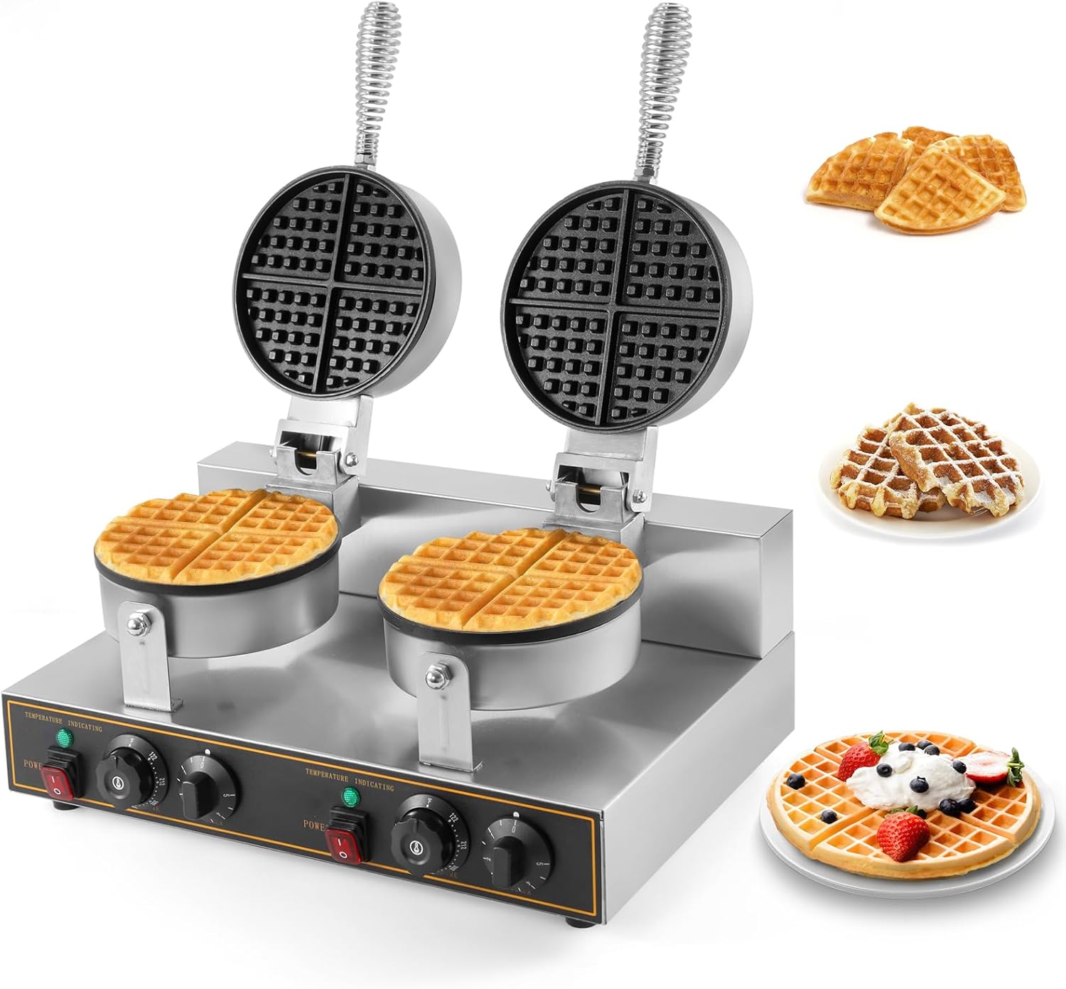 Dyna-Living Waffle Maker 2400W Double Waffle Iron Maker Restaurant Non-stick Round Waffle Machine Commercial Waffle Maker Large Waffle Machine for Hotel, Thicken Stainless Steel