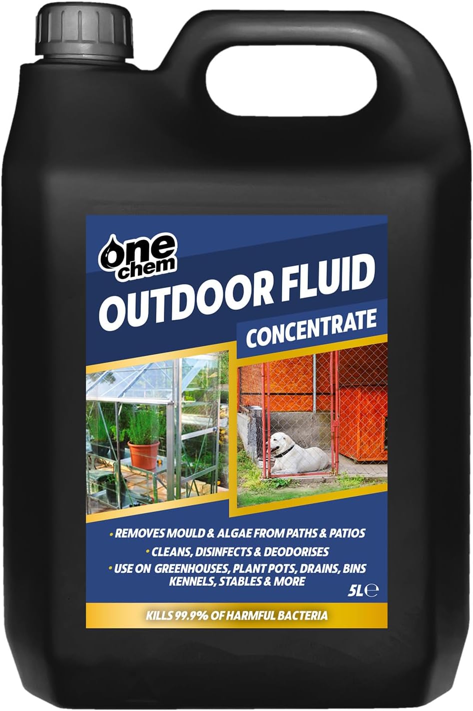 One Chem Outdoor Fluid 5 Litres, Kills 99.9% Bacteria, Disinfects Greenhouses, Plantpots, Drains, Bins, Kennels, Stables