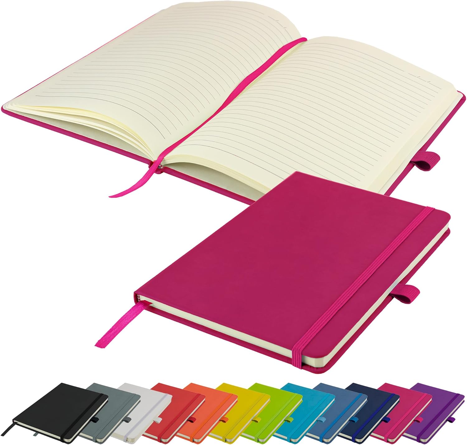 SAVVY BEE A5 Notebook New Lined Hardback Journal with pen loop, elastic closure & ribbon page marker Notepad Note Book Notes Diary Pad (Pink)