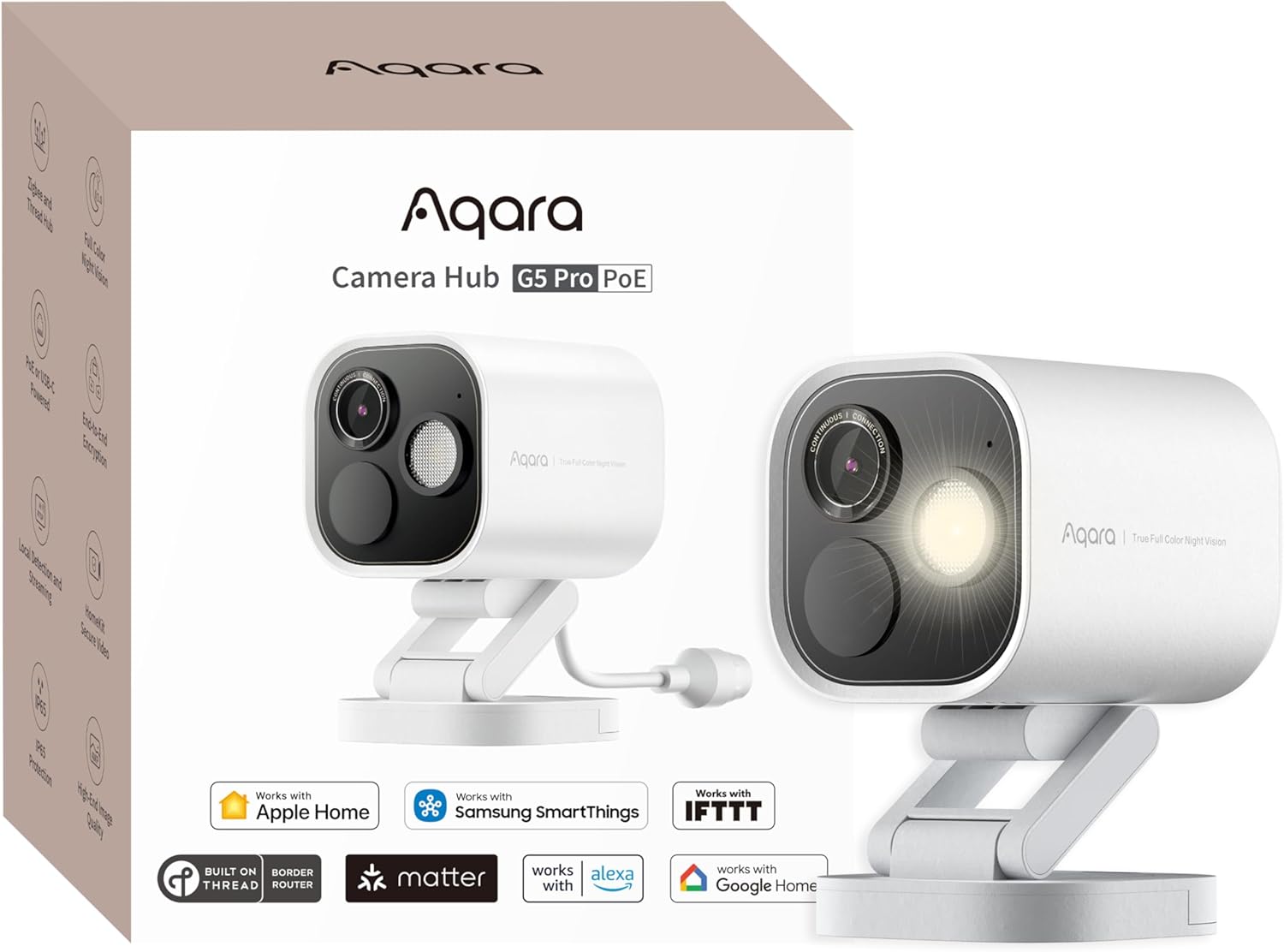 Aqara 4MP Camera Hub G5 Pro PoE, True Color Night Vision Security Camera Outdoor, HomeKit Secure Video, Thread Border Router, Local Detection, Thread/Zigbee, Supports Alexa, Google, Smartthings, White