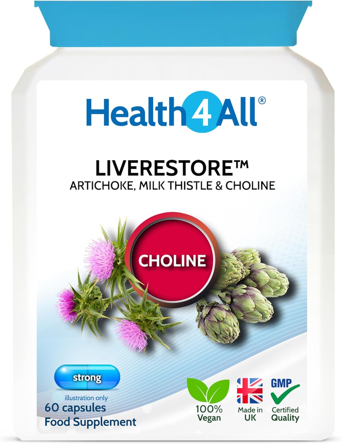 Health4All Liverestore Liver Cleanse Detox and Repair Capsules, Milk Thistle (80% Silymarin), Artichoke and Choline, 60 Capsules, Vegan Liver Health Support Supplement, 2 Month Supply | Made in UK