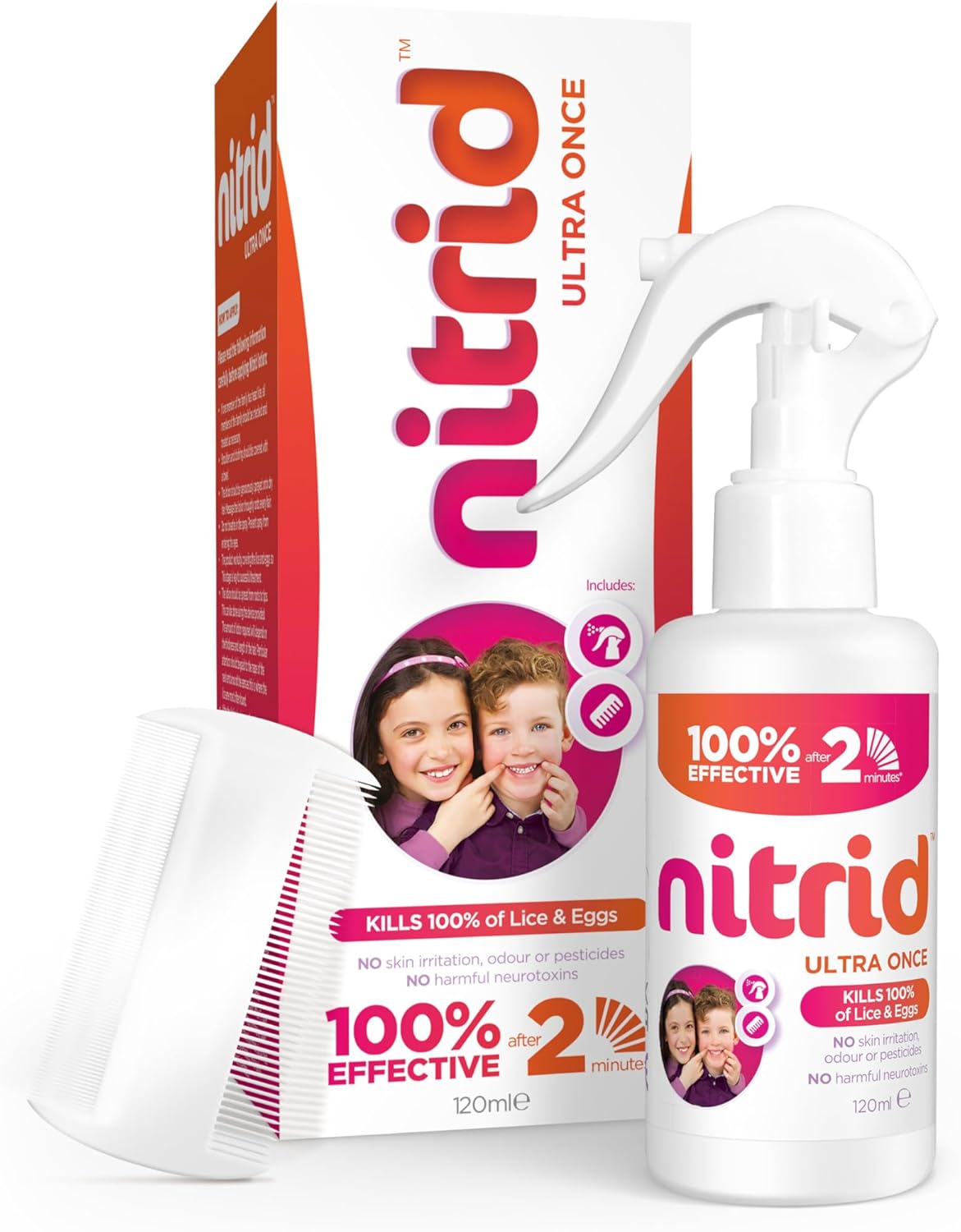 Nitrid Ultra Once All-in-One Head Lice Treatment Spray & Comb - 100% Effective on Lice & Eggs in 2mins, Includes Spray 120ml & Nit Comb - 2023 New Formulation