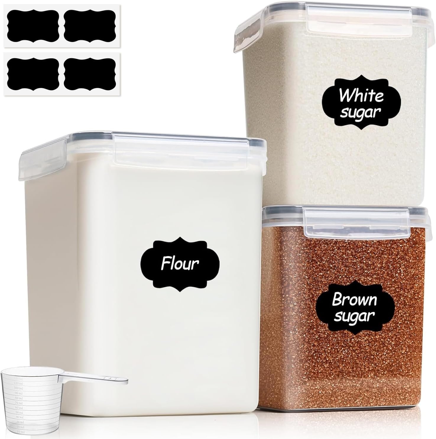 ComSaf Flour Sugar Storage Containers Set of 3 (5.2L/175oz) (2.5L/84oz*2), Large Airtight Food Storage Containers with Lids, Plastic Canisters Sets for Kitchen, Pantry Organizers for Rice and Baking
