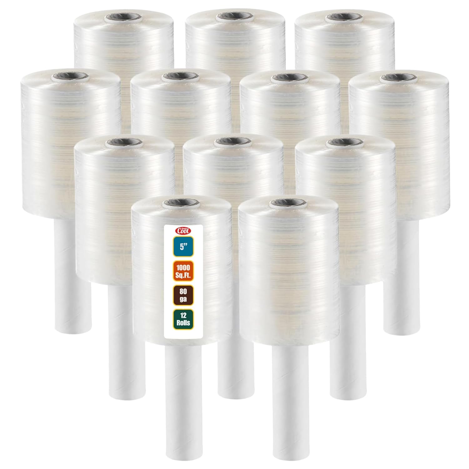 12 Pack Industrial Strength Mini Hand Stretch Wrap 5" 1000 Ft Roll 80 Gauge Thick, Shrink Wrap Roll for Moving Supplies, Furniture, Pallets, Plastic Wrap for Packing, Heavy Duty Stretch Film