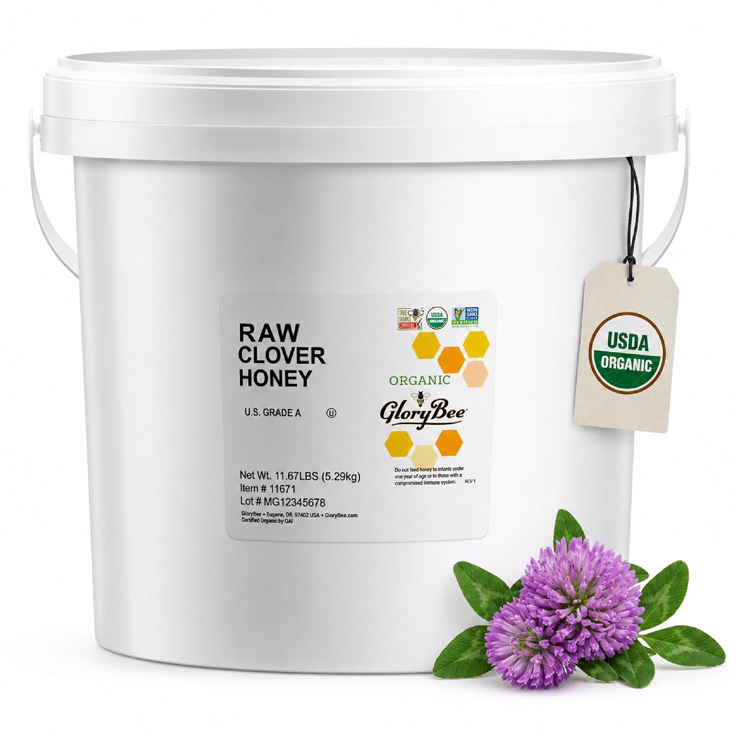 GloryBee Raw Honey, True Source Certified, USDA Organic, Organic Clover, 186.72 Ounce Bulk Pail