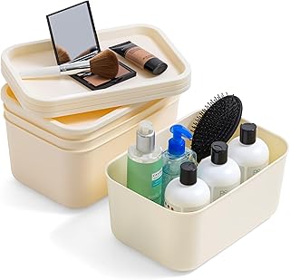 IRIS USA Plastic Basket Bin & Lid, Small, 4-Pack, Stackable Lidded Storage Organizer Bins for-Kitchen-Bathroom and Bedroom, Off White