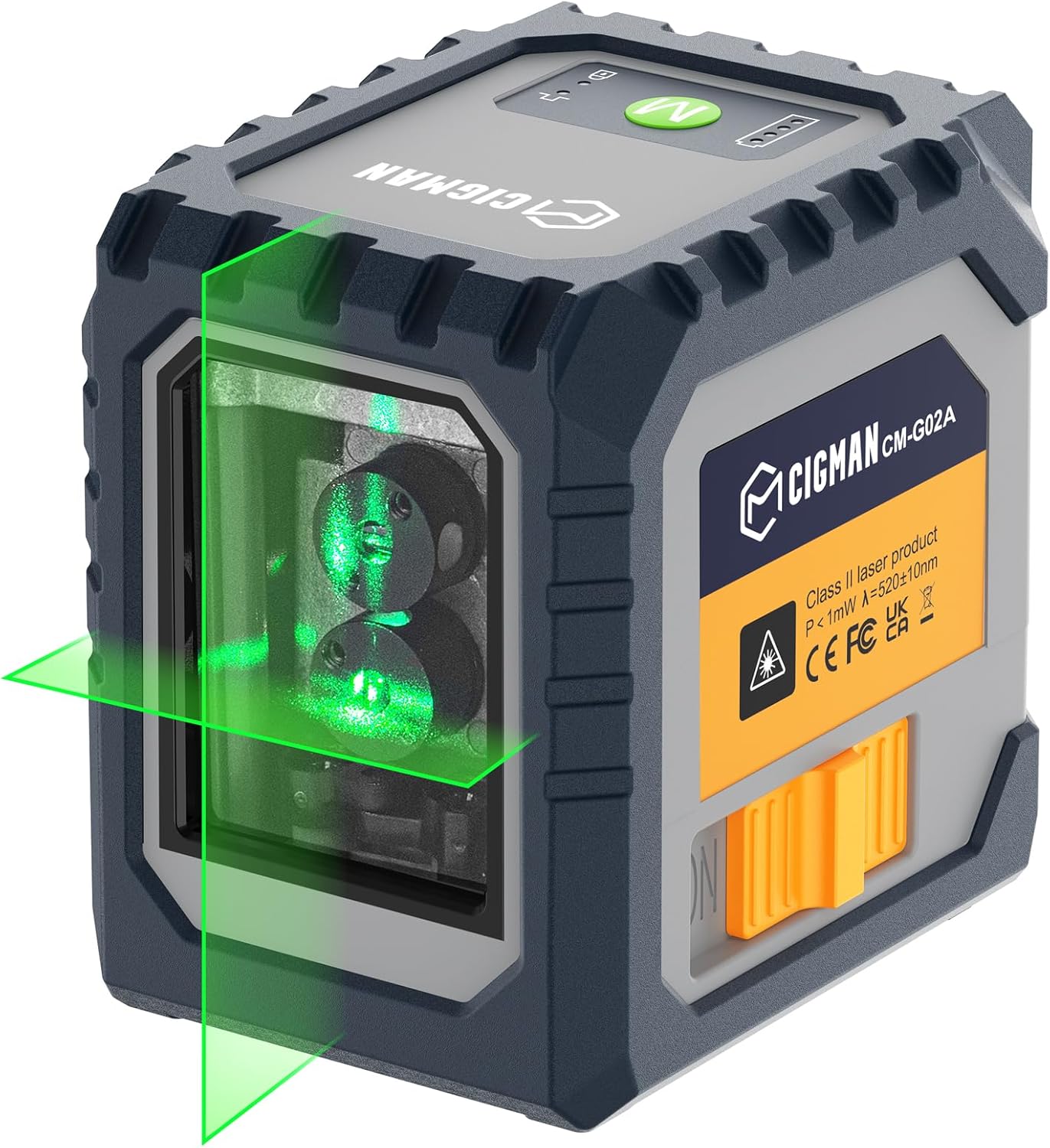 CIGMAN Green Laser Level GA02A, Self-Leveling Cross Line Laser, 30M Working Distance (Up to 50M with Detector), Rechargeable Battery Built-in, Button Switch Horizontal/Vertical Laser Lines
