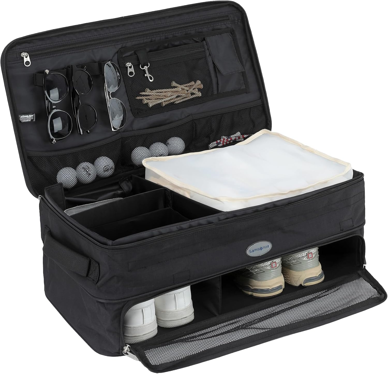 Samsonite Expanding Golf Trunk Locker Organizer with Waterproof Backing, Mesh Section for Shoes, and Movable Dividers